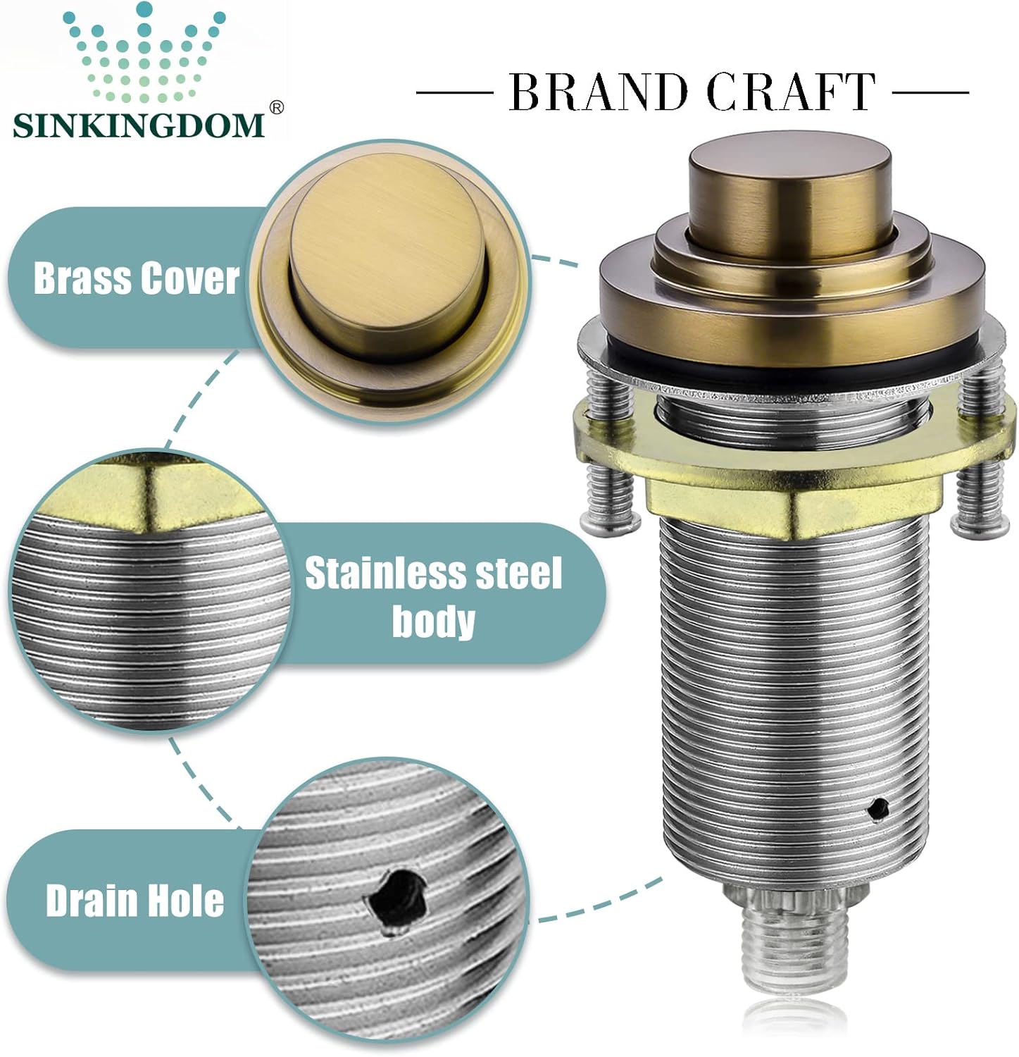 SINKINGDOM SinkTop – Kit de interruptor de aire con botón largo de bronce champán (latón completo) para eliminación de basura, salida única