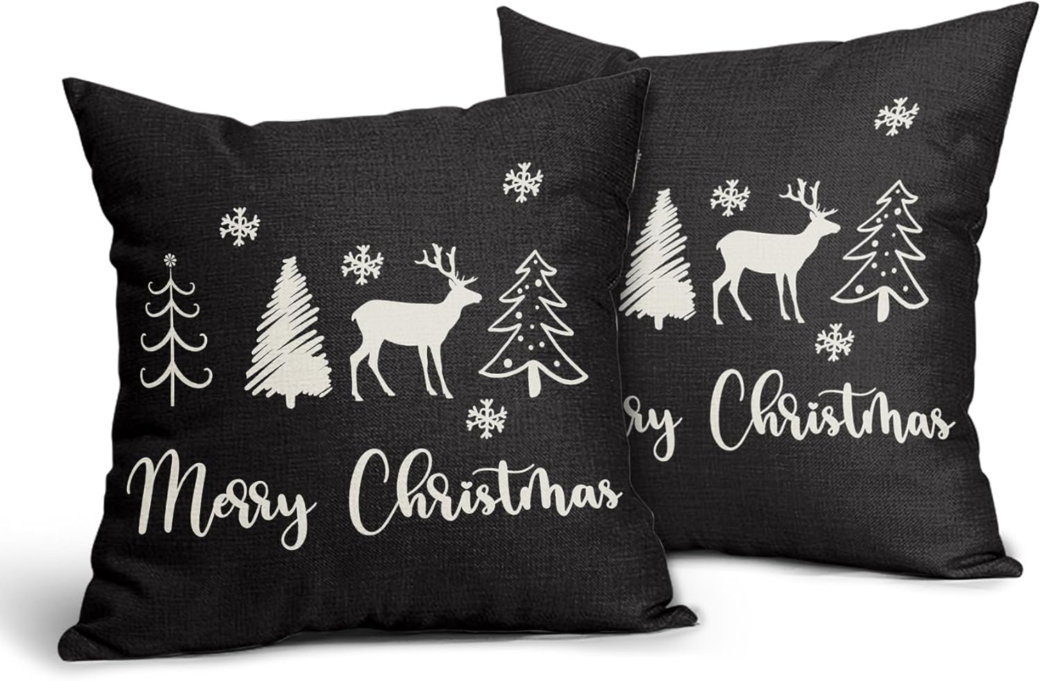 Juego de 2 fundas de almohada de Navidad negras de 18 x 18 pulgadas, diseño de árbol de ciervo, copos de nieve, fundas de almohada decorativas de