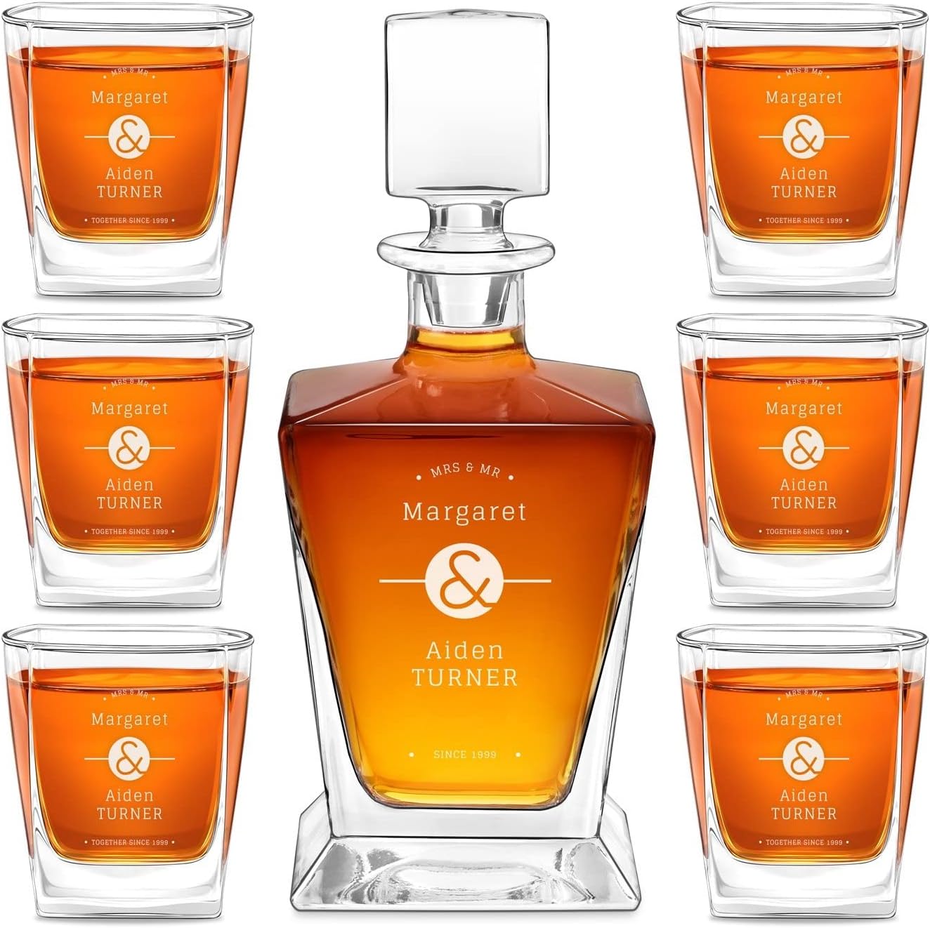 Maverton Juego de whisky grabado para parejas, juego de bebidas elegante personalizado para boda, jarra de whisky con 6 vasos, decantador geométrico