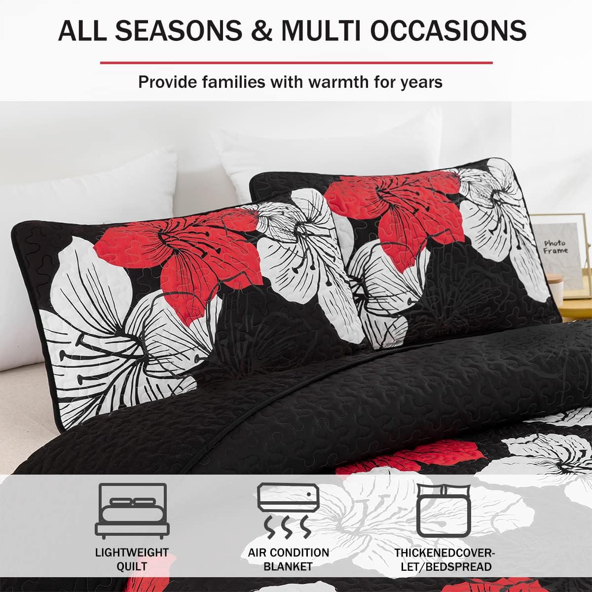 DJY Juego de edredón de 3 piezas California King con patrón floral rojo, elegante colcha bohemia con 2 fundas de almohada, juego de edredón floral
