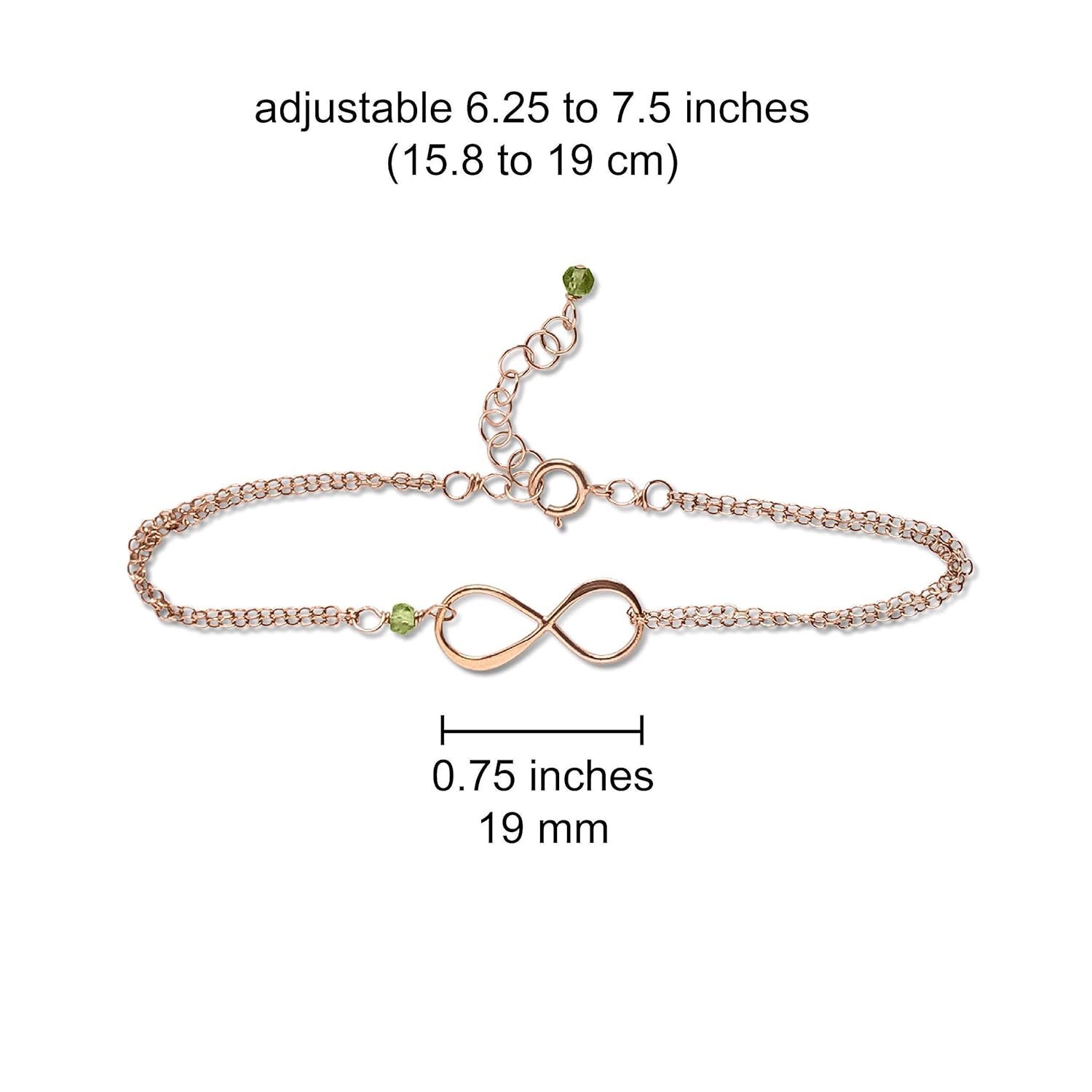Rose Gold Birthstone Infinity Charm Bracelet – Peridot, Gold Fill, Vermeil – Handmade August Birthday Gift for Her