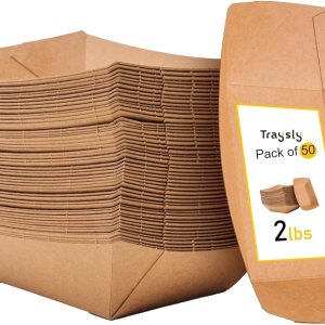 Traysly Paquete de 50 botes de comida desechables de 2 libras de cartón recubierto de poliéster, ecológico, botes de papel a prueba de grasa para Traysly Paquete de 50 botes de comida desechables de 2 libras de cartón recubierto de poliéster, ecológico, botes de papel a prueba de grasa para