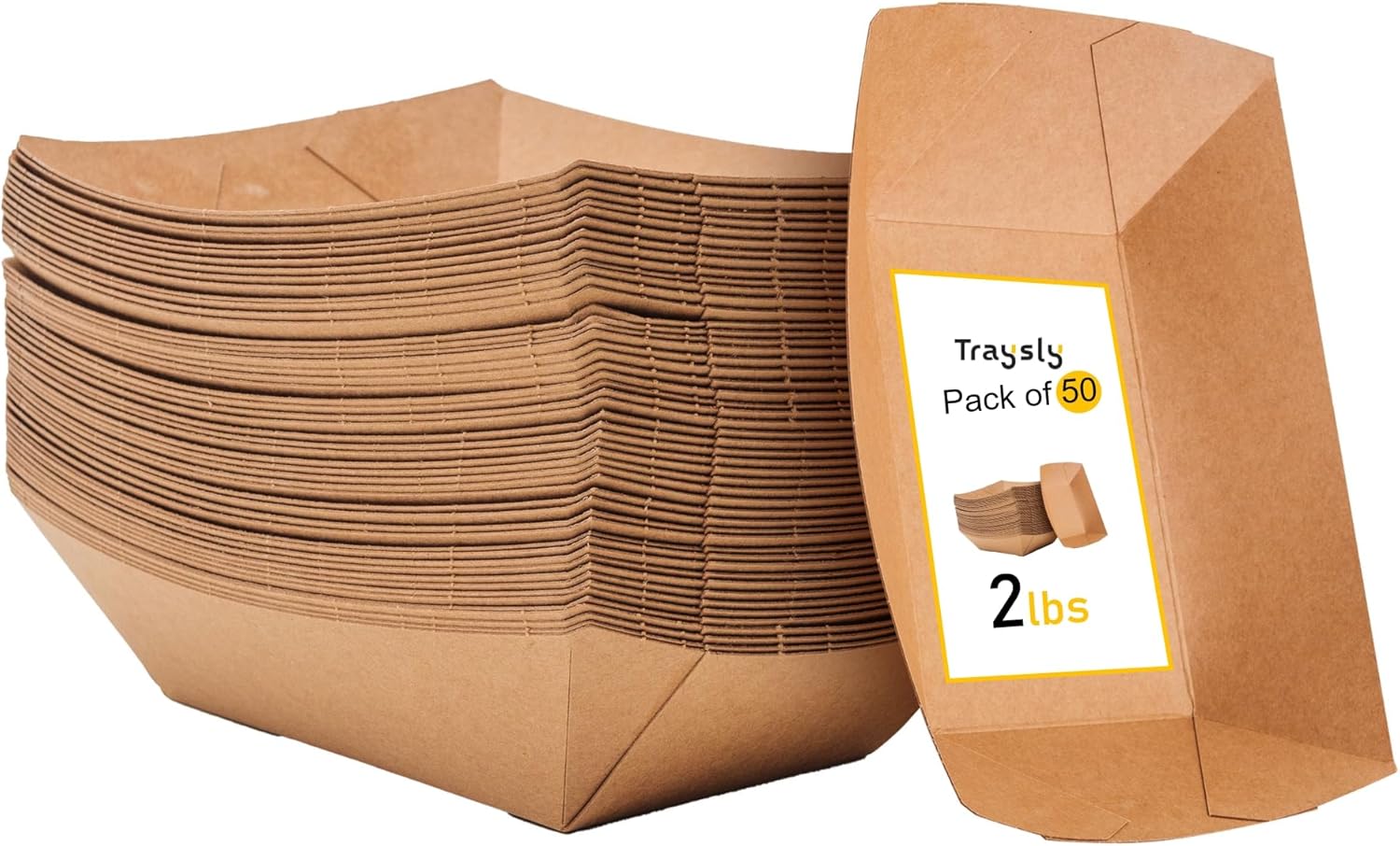 Traysly Paquete de 50 botes de comida desechables de 2 libras de cartón recubierto de poliéster, ecológico, botes de papel a prueba de grasa para