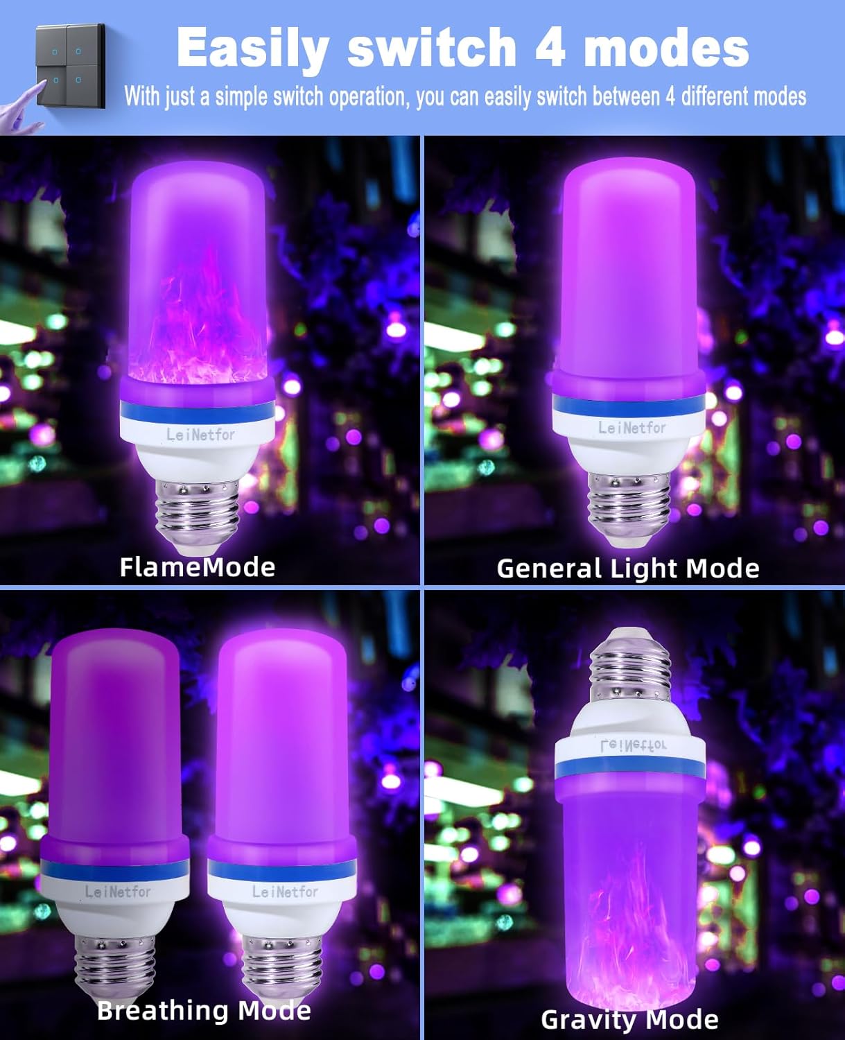 Bombillas LED de llama morada mejoradas, decoraciones de Halloween, bombillas para exteriores, base E26E27, bombillas parpadeantes moradas de