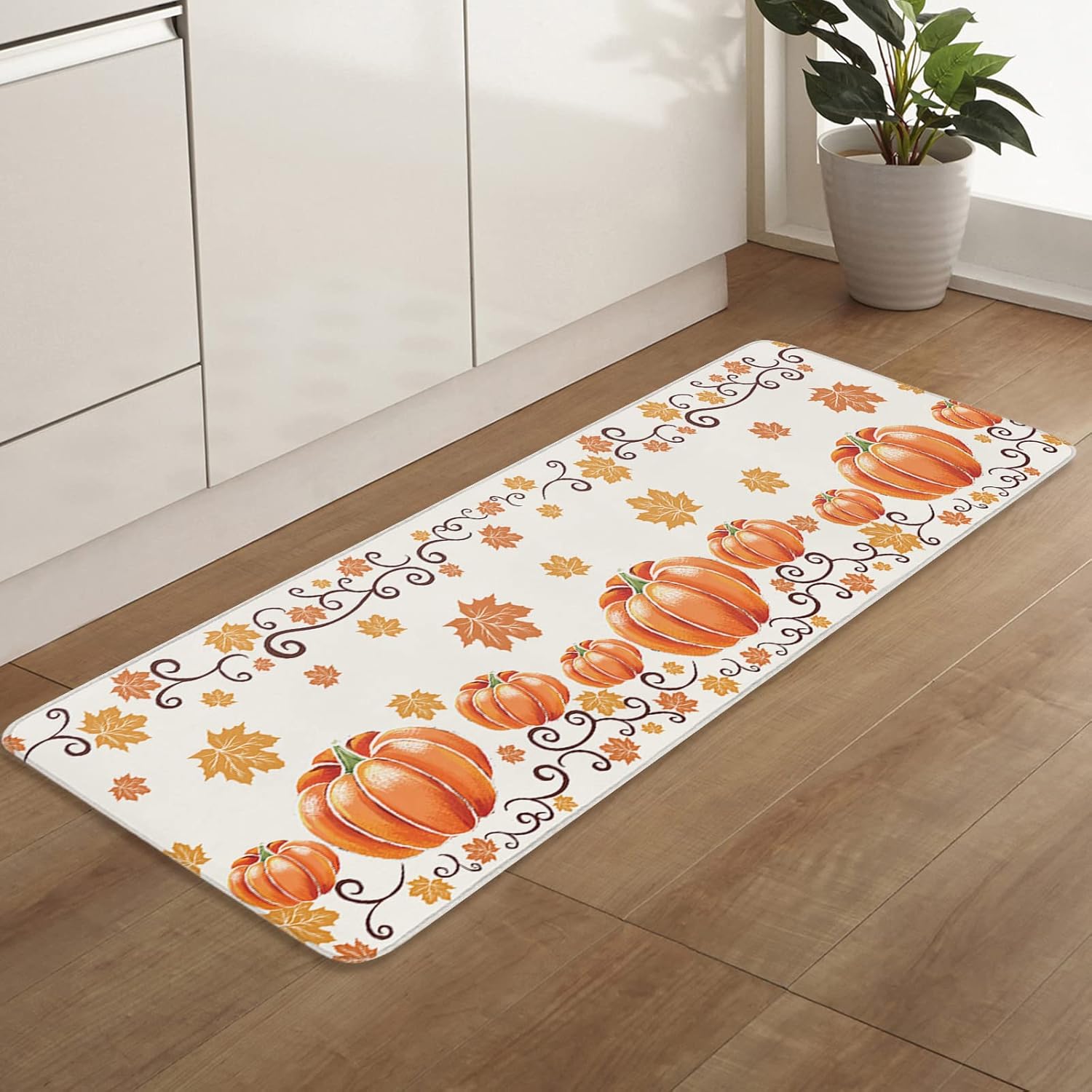 Alfombras de cocina de Acción de Gracias, 2 piezas de hojas de arce y calabaza naranja, antideslizantes, para piso, alfombra de pasillo lavable para