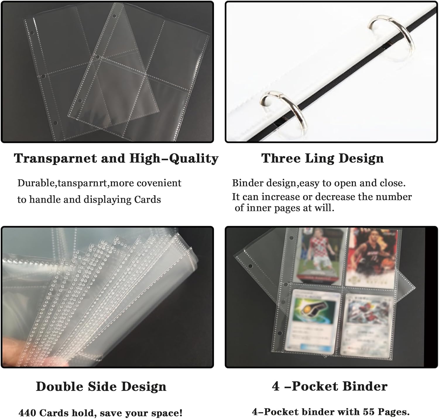 Carpeta de tarjetas para tarjetas, 4 bolsillos, 440 bolsillos, álbum portátil de coleccionista de tarjetas con 55 fundas extraíbles, tarjeta de