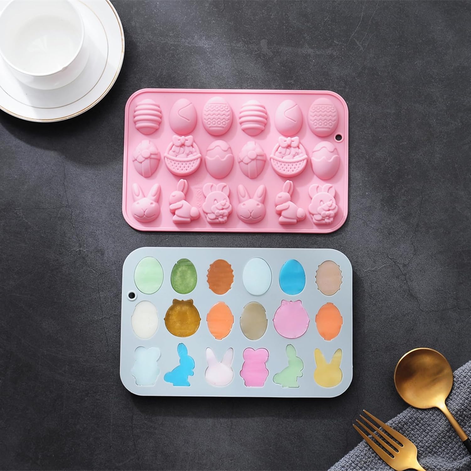 Juego de 2 moldes de silicona para chocolate de Pascua  36 cavidades de conejo, huevo, cabeza de conejo, formas de cesta, moldes antiadherentes de