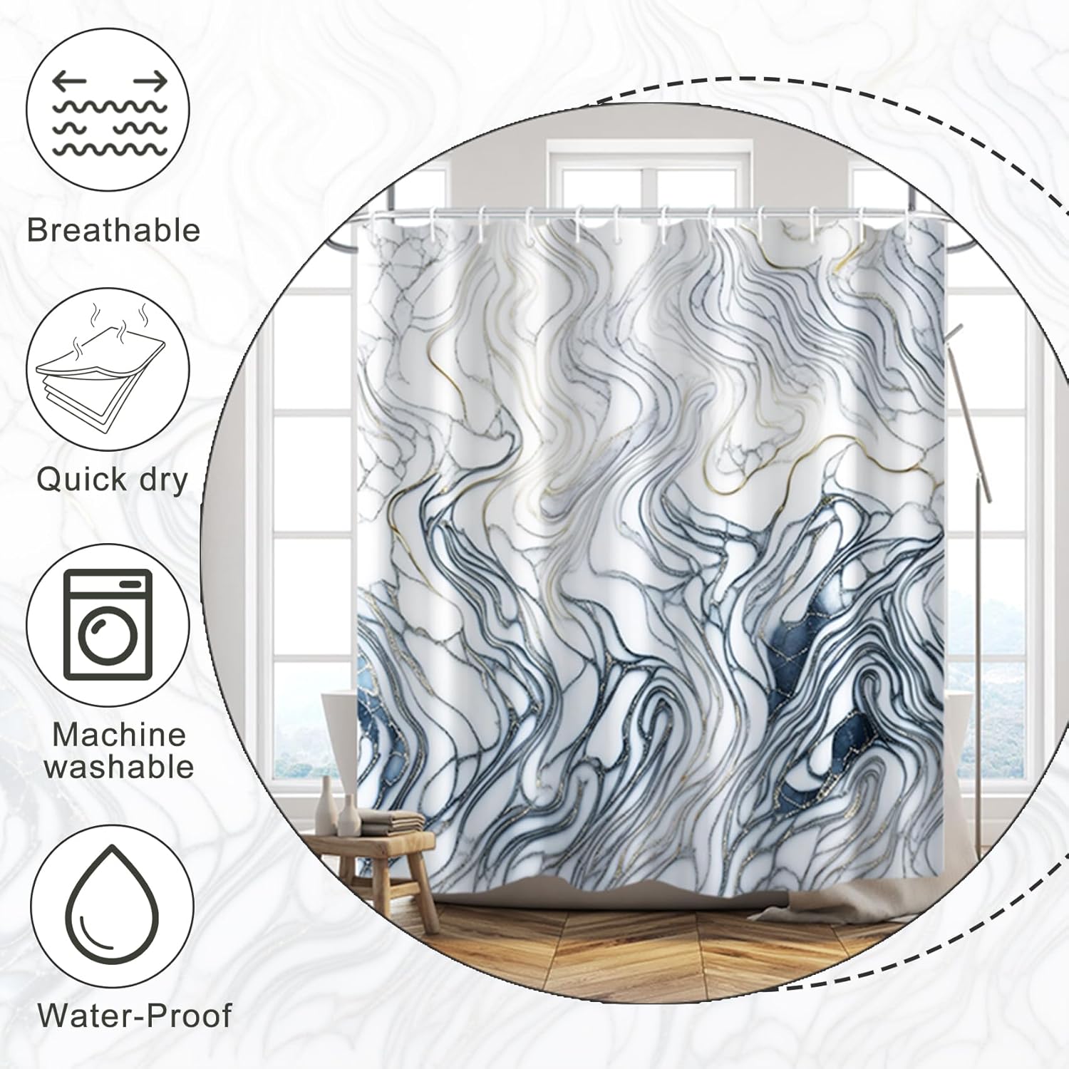 Baocicoo – Cortina de ducha de mármol azul marino y blanco, moderna cortina de ducha bohemia para baño, textura de lujo, decoración de hostal,