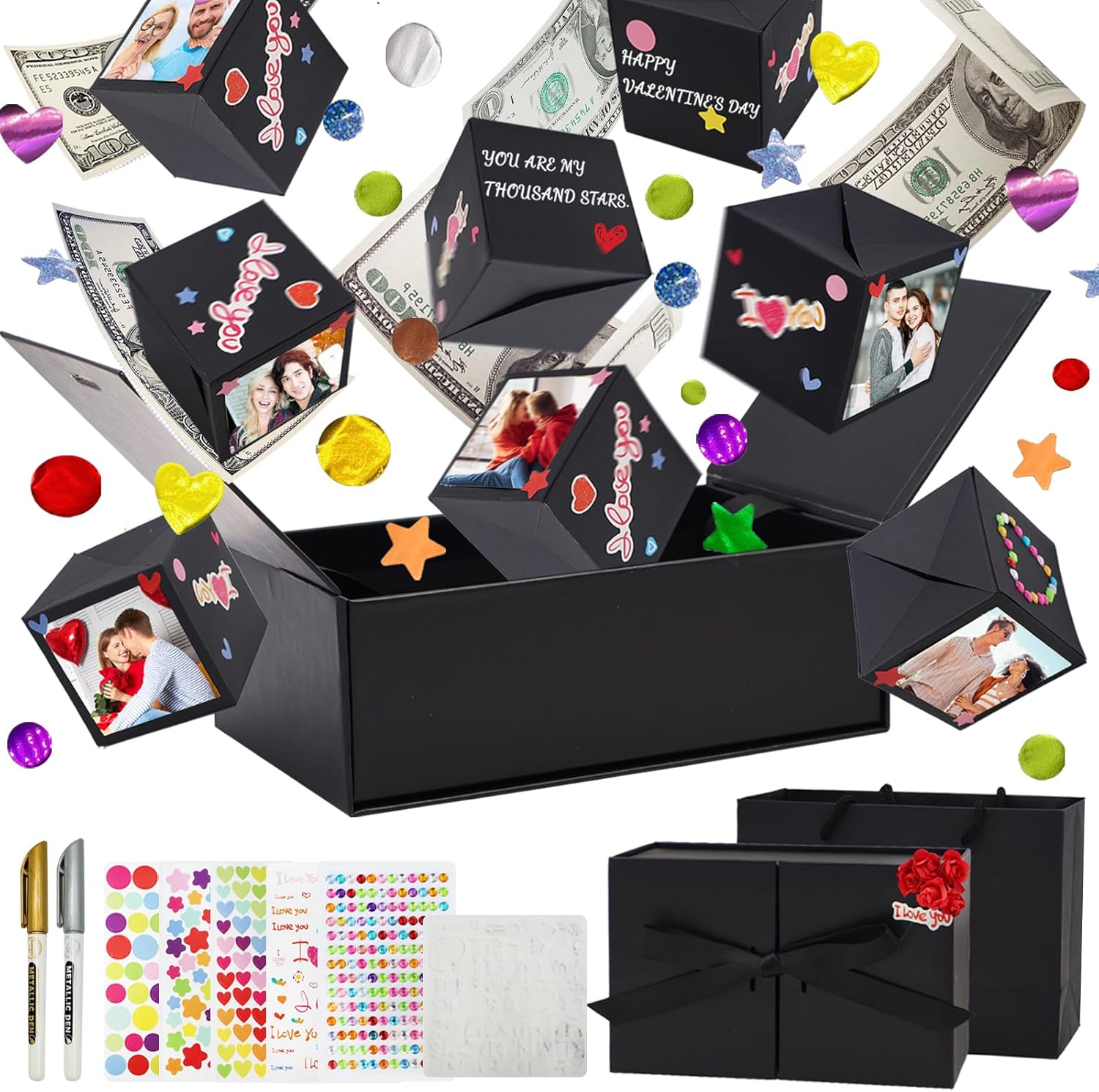 Caja de regalo sorpresa explosión por dinero, caja plegable única de rebote con calcomanías, caja de regalo de lujo para cumpleaños, aniversario,