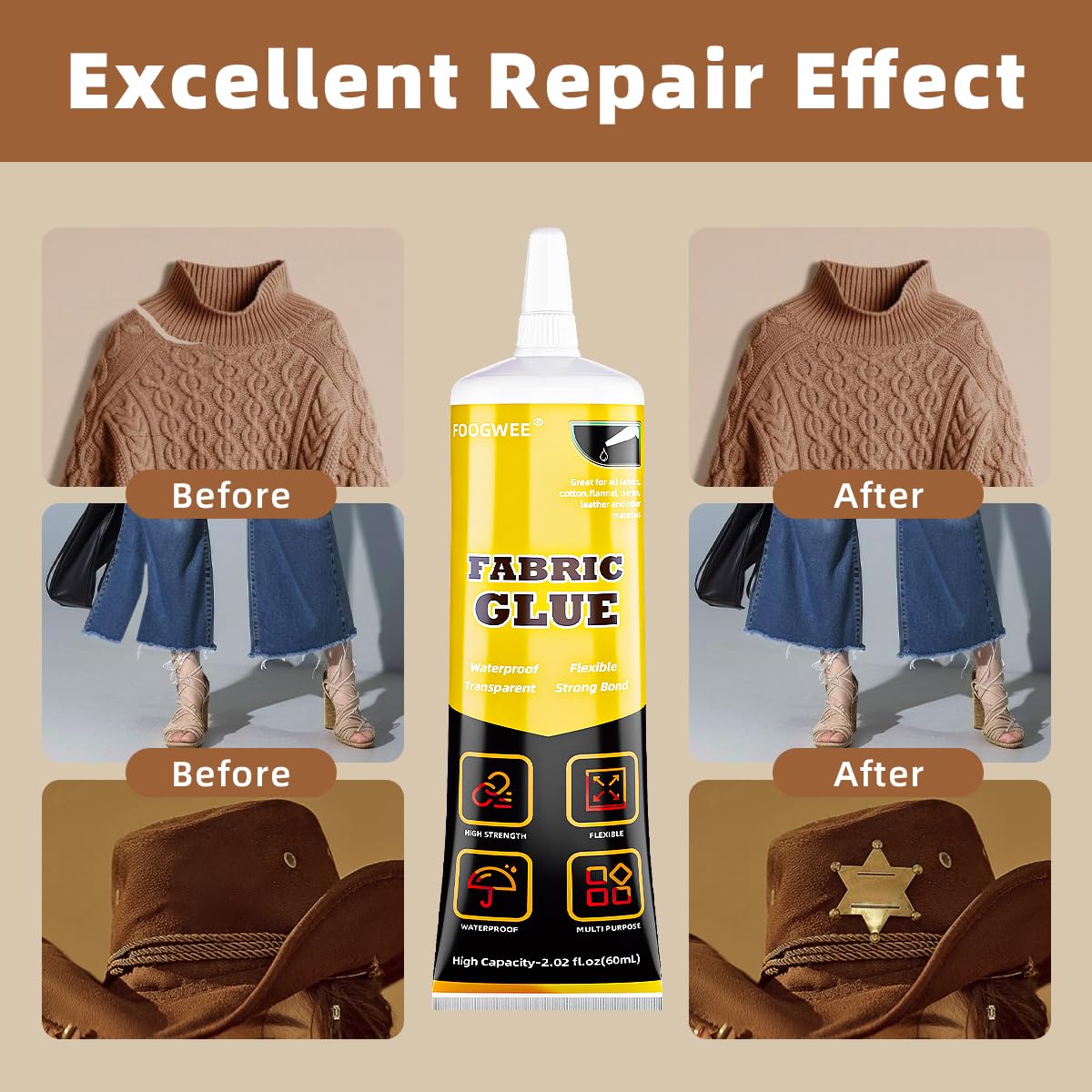 Fabric Glue Permanent – 60ml Sewing Glue for Clothing Permanent Washable, Liquid Fabric Stitch Glue for All Leather, Fabrics, Denim, Flannel,