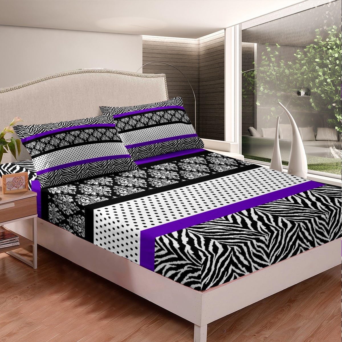 Juego de sábanas con estampado abstracto de cebra, tamaño King, para niños, adolescentes, diseño de retazos de flores, rayas, negro, blanco, morado,