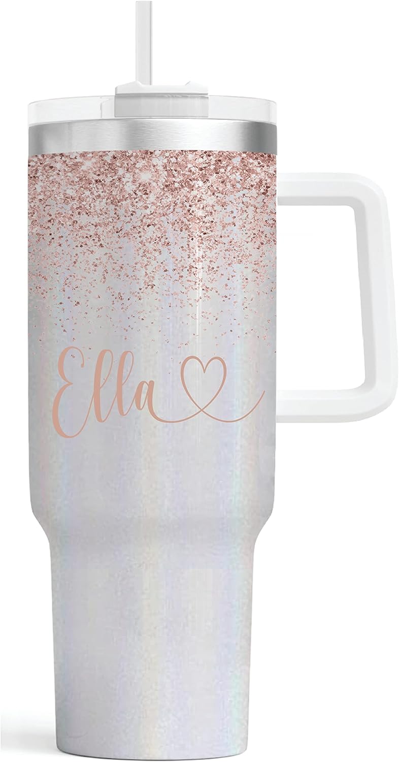 Vaso personalizado de 40 onzas con asa, vaso aislado de acero inoxidable, taza de viaje, taza de café de doble pared para bebidas calientes y frías,