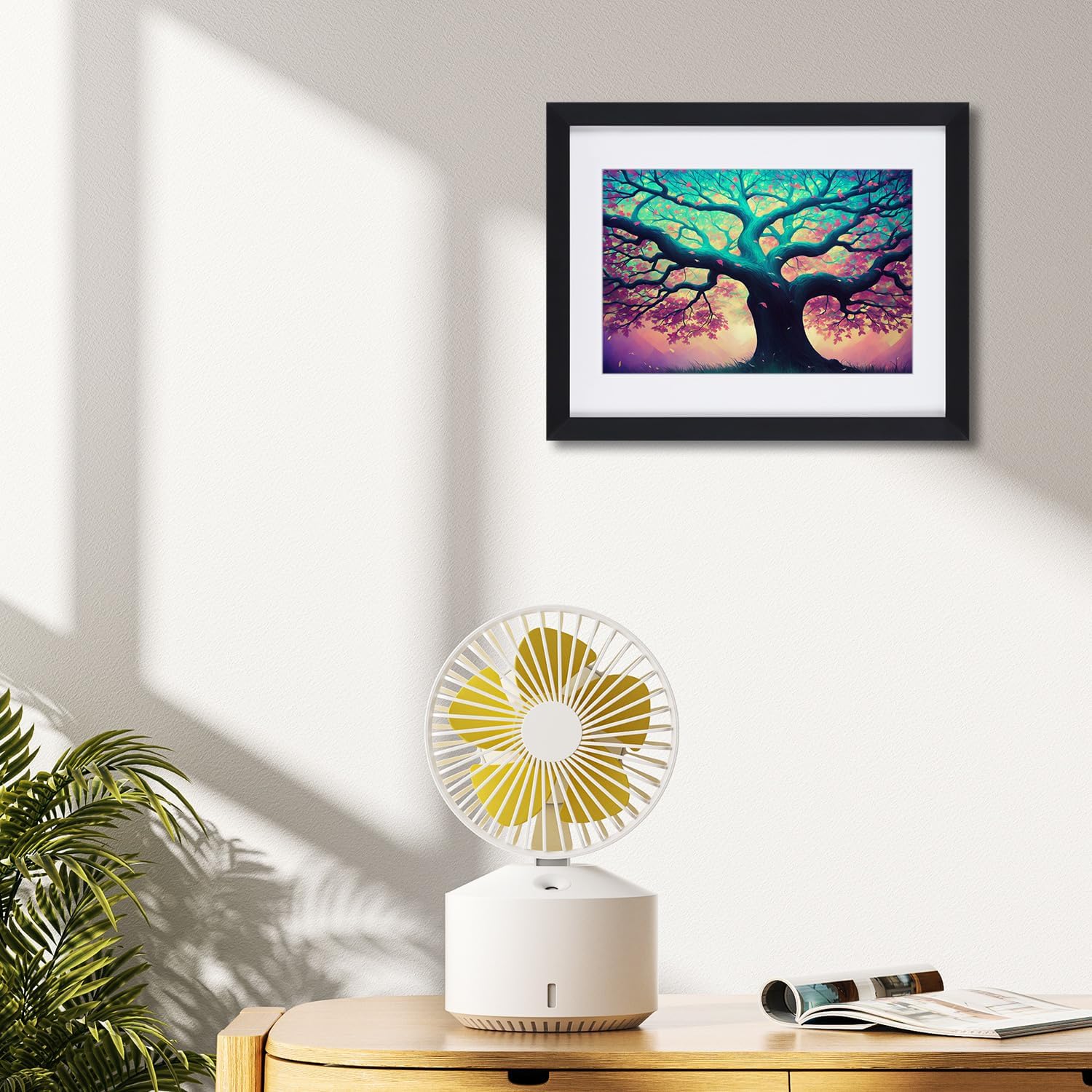 Cuadro en lienzo con marco de árbol morado y azul, con paspartú blanco roto para cocina, decoración del hogar o sala de estar