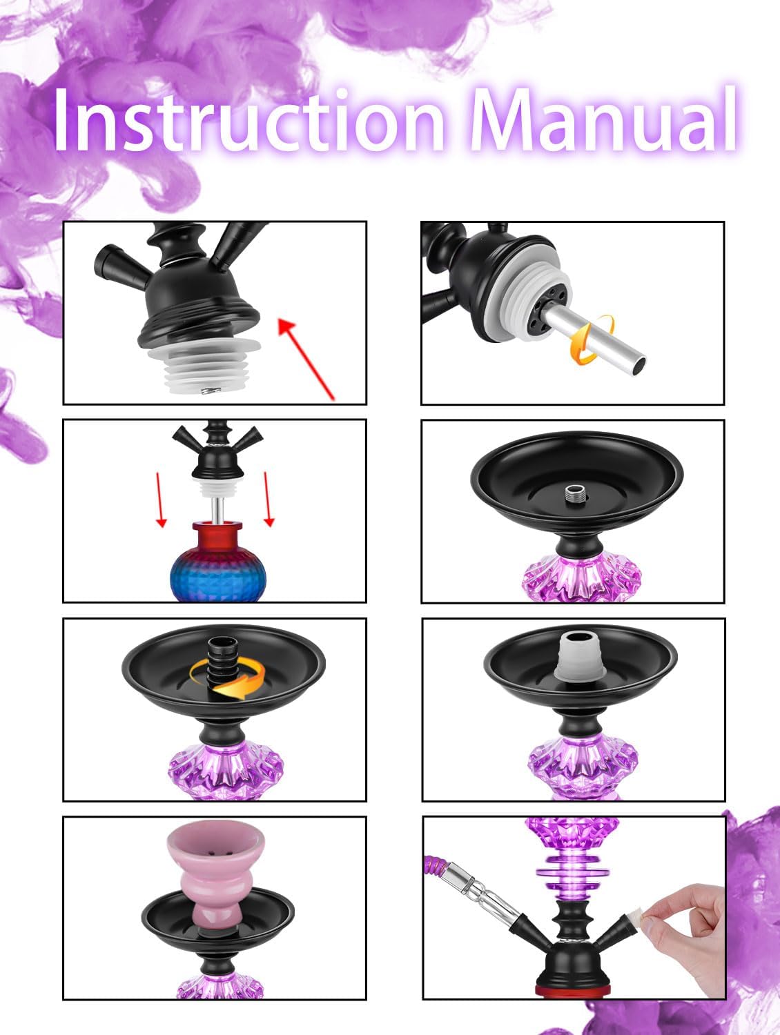 Juego de cachimba de 12 pulgadas con 2 mangueras Shisha Hookah Set con todo – Jarrón de vidrio moderno, 50 láminas de narguile y 50 puntas de