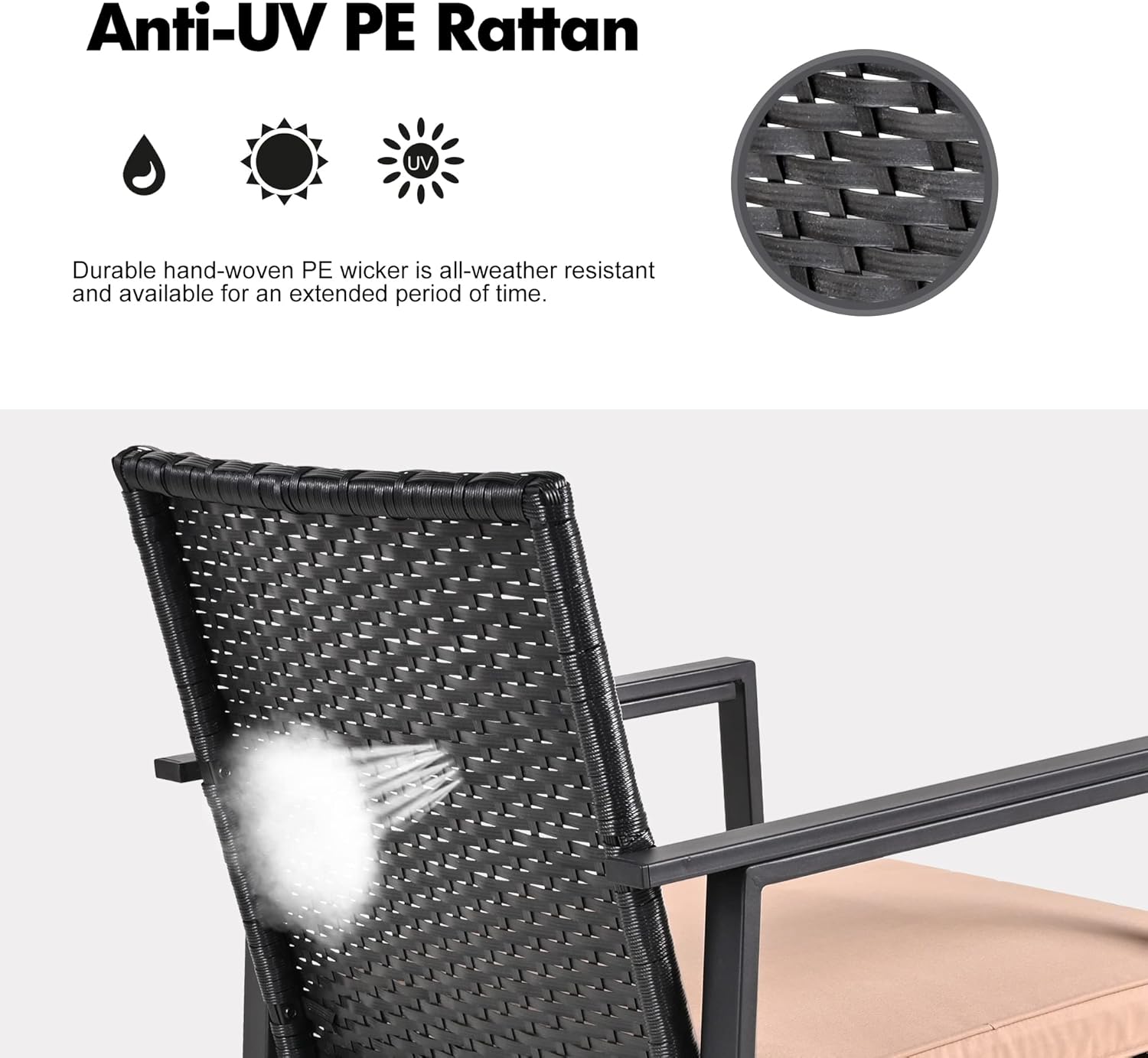 SUNLEI – Juego de muebles de mimbre para exteriores, 3 piezas, dos sillas y mesa auxiliar con vidrio, para café, color negro