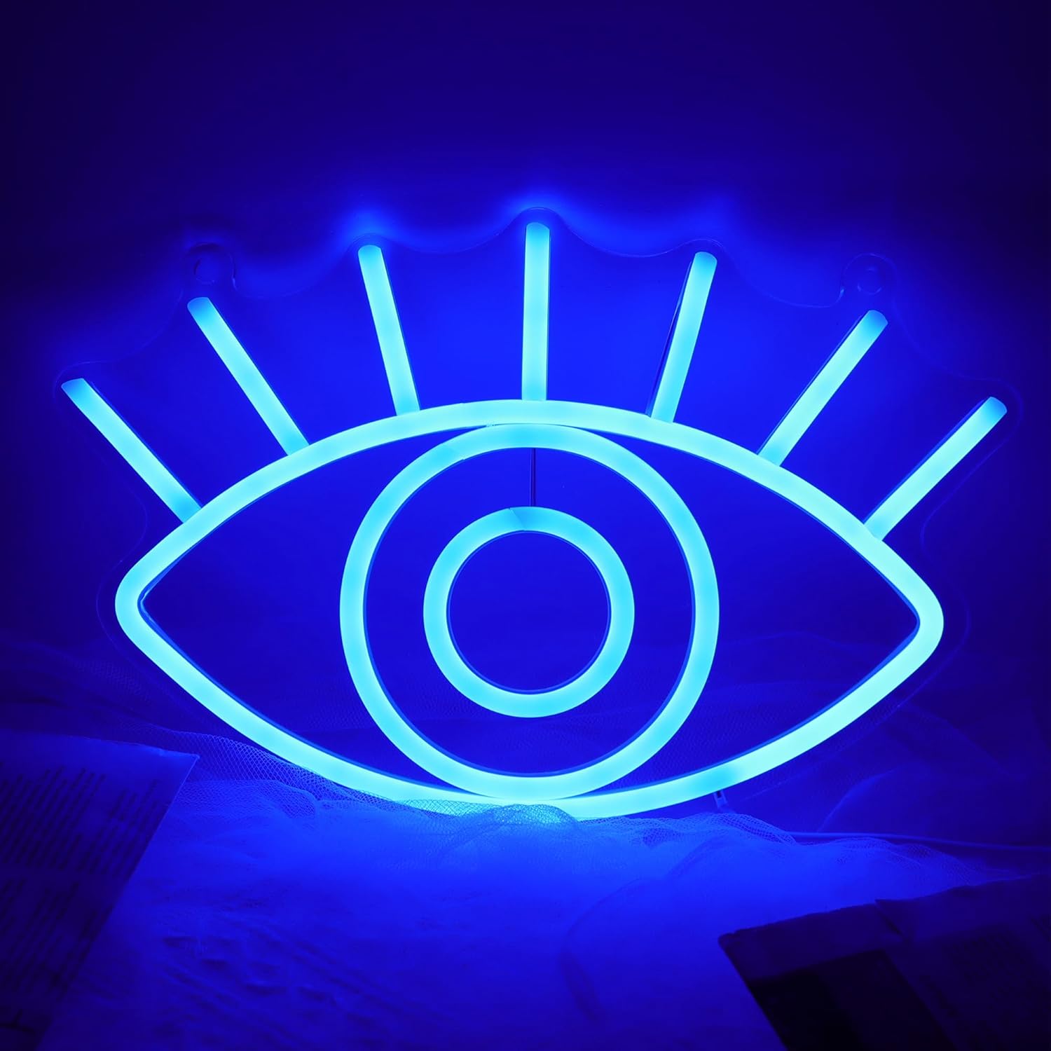 Attivolife Letrero de neón de ojos, luz nocturna decorativa azul malvado de ojo con alimentación USB, decoración de pared para dormitorio, sala de
