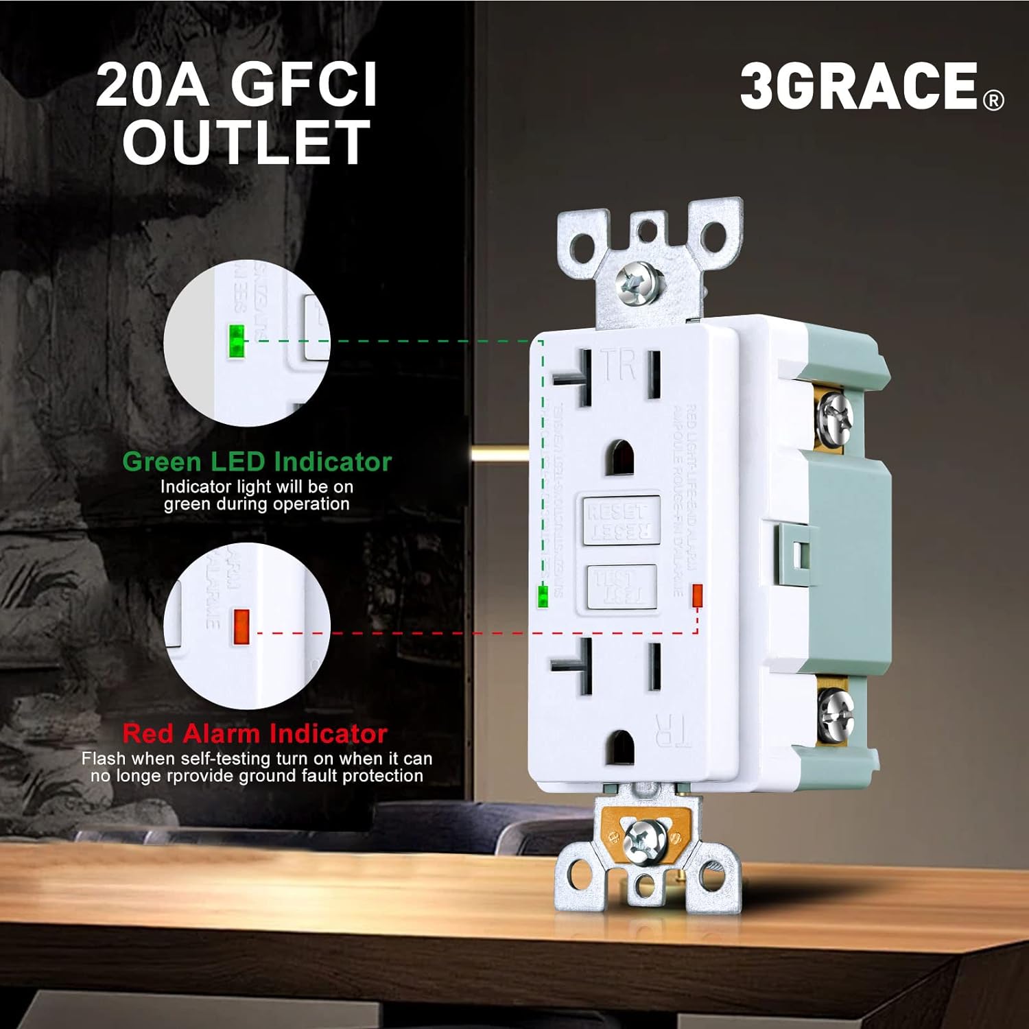 Toma GFCI de 20 amperios, receptáculo GFI resistente a manipulaciones con indicador LED, interruptor de circuito de falla de tierra de
