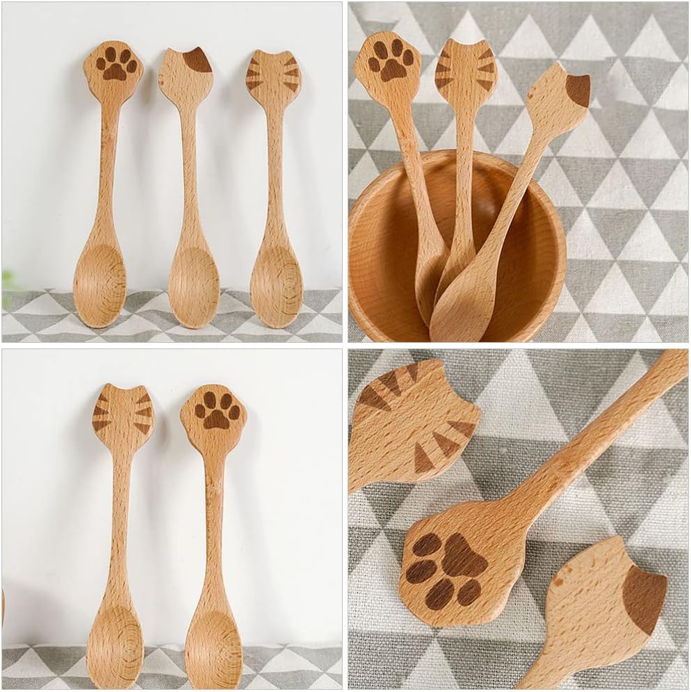 Cucharas de cocina de bambú para gatos, 2 cucharas de café de madera, lindas cucharas de sopa, cucharadita de madera para café, té, mermelada,