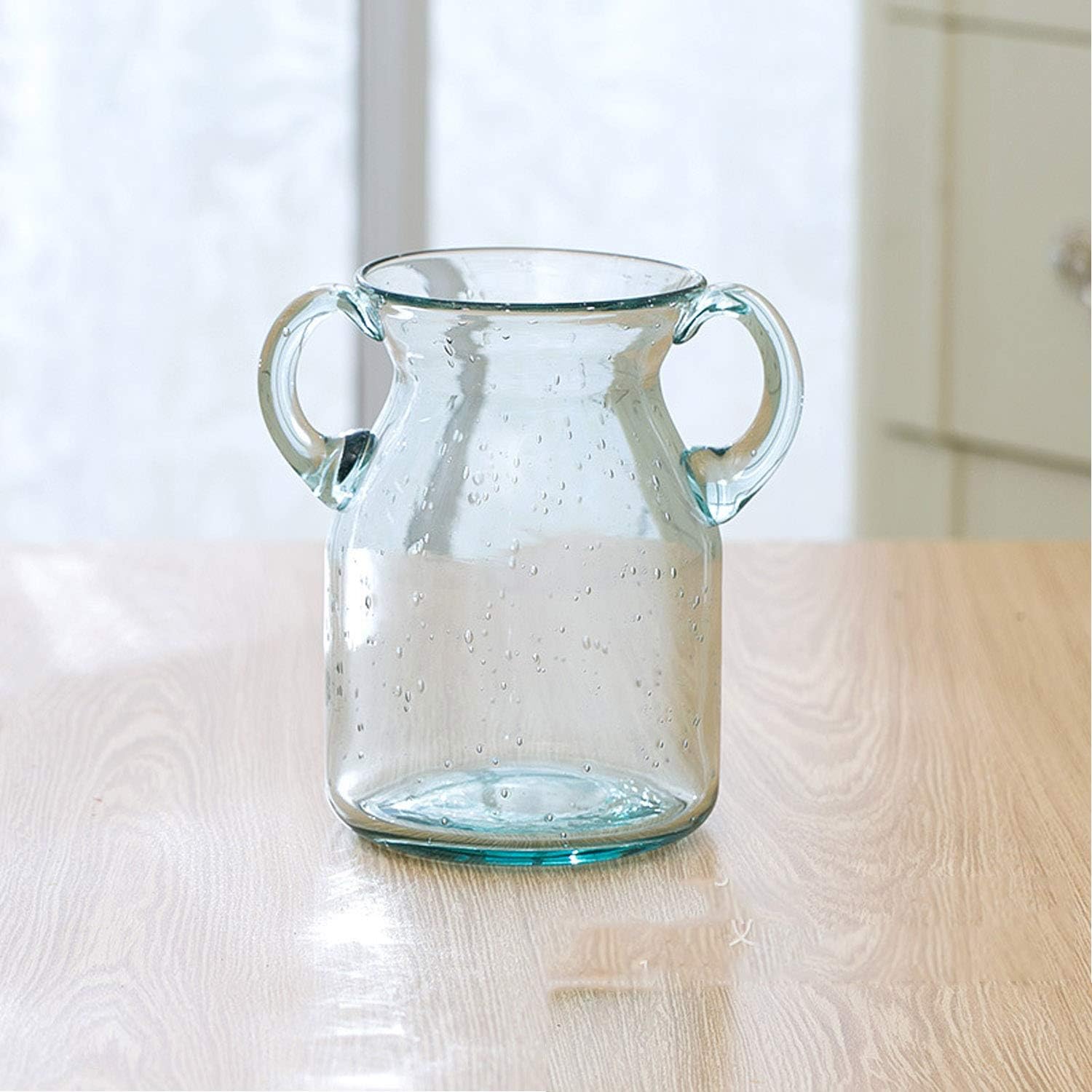 JSY-UP Jarrón pequeño de vidrio transparente con doble oreja y burbujas decorativas hechas a mano de relleno, (azul, morado, gris, verde) floreros