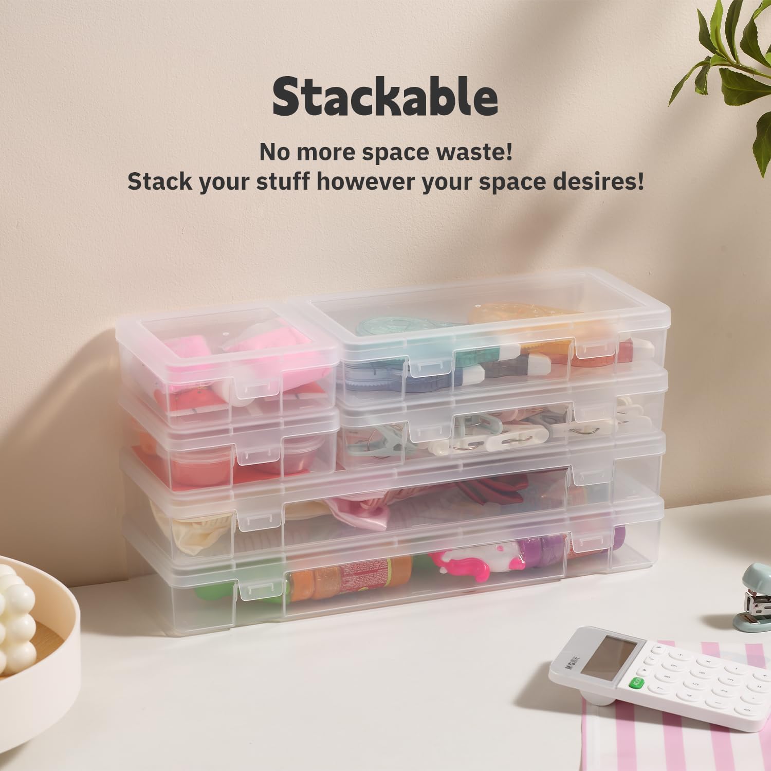 novelinks Contenedores apilables de plástico transparente con tapa de pestillo, organizador de suministros de manualidades para caja de lápices,