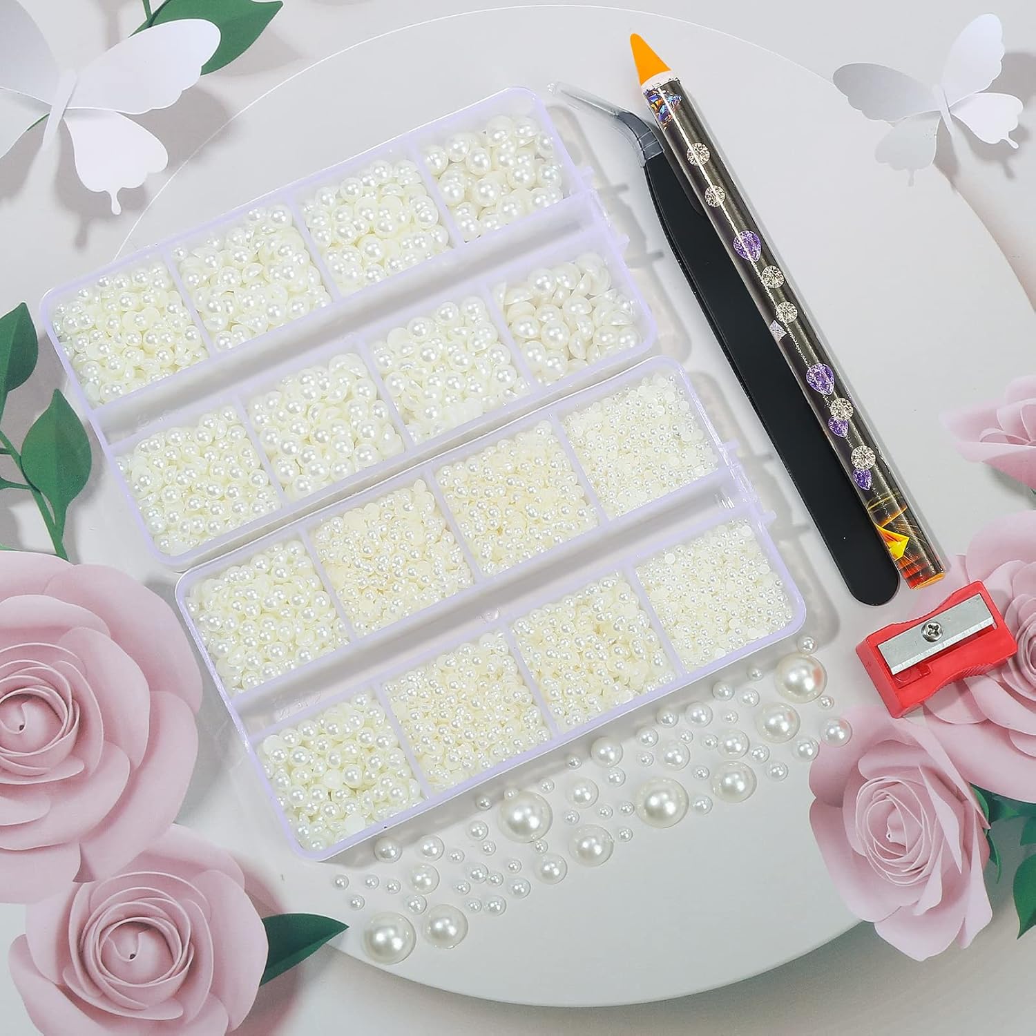 6540 diamantes de imitación de resina de color blanco roto, tamaño mixto de 2345680.394 in, cuentas de perlas semicirculares para uñas, diamantes de
