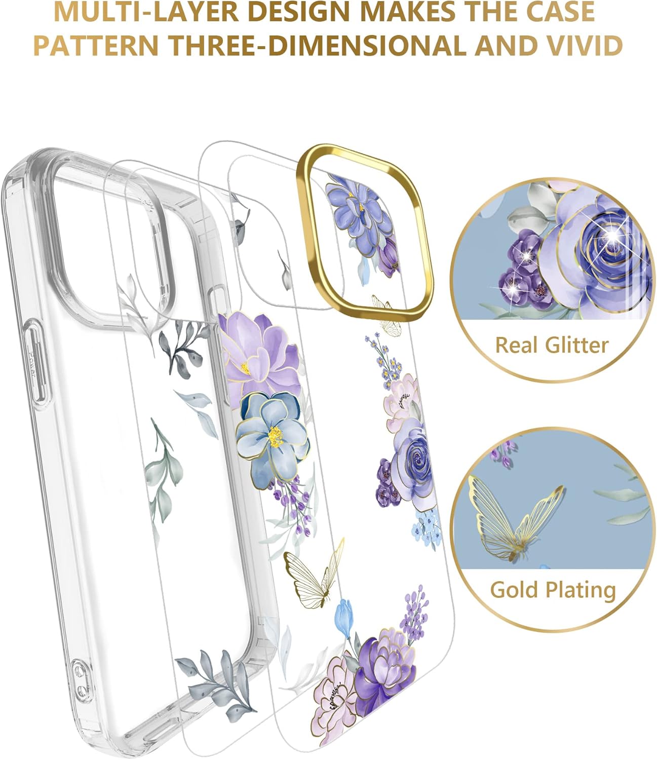 JIAXIUFEN Funda transparente compatible con iPhone 12 Pro iPhone 12 con purpurina y diseño de flores protectoras, a prueba de golpes, delgada, de