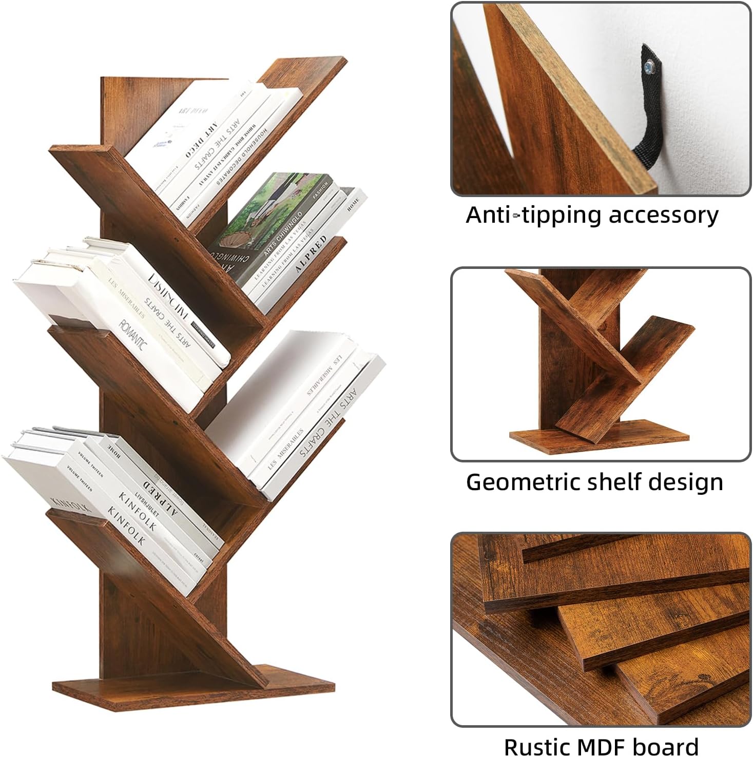 Somdot Estantería de madera de 6 niveles para CD, películas y libros, diseño retro con estantes organizadores para dormitorio, sala de estar y
