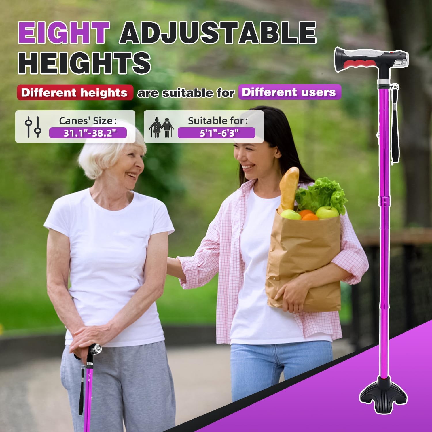 BigAlex Bastón plegable con dos luces LED para ancianos, base sólida, bastón ajustable con bolsa de transporte para hombres y mujeres