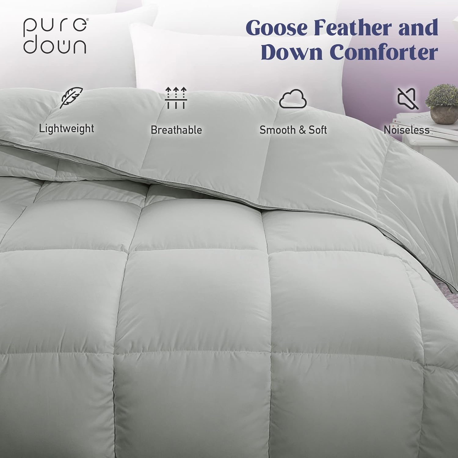 puredown Edredón de plumas de ganso gris, tamaño Queen de gran tamaño, relleno de edredón para todas las estaciones, diseño reforzado, ultra suave,