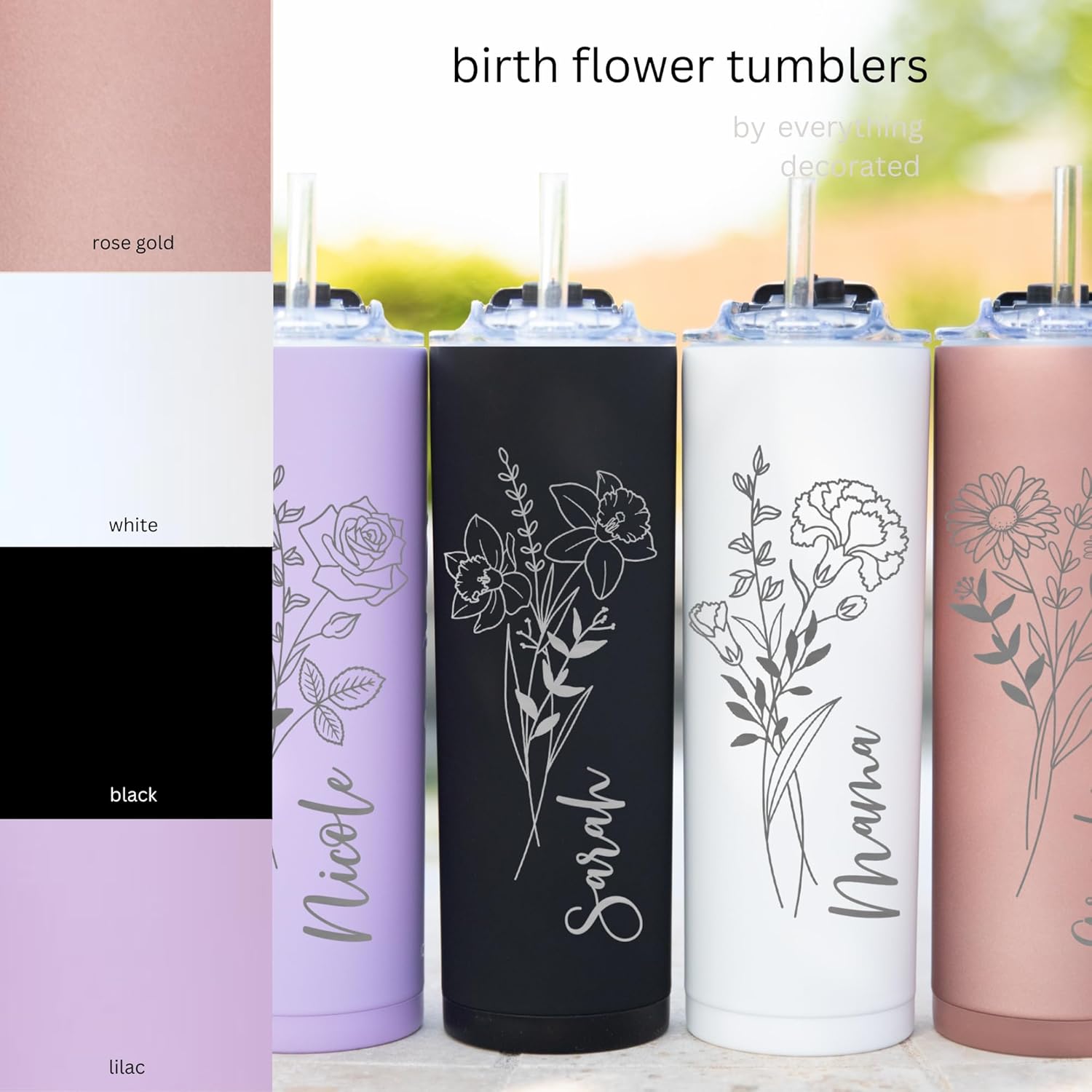 Personalized Birth Flower Coffee Cup With Name,Personalized Birth Flower Tumbler, Bridesmaid Proposal, Gifts for Her, Party Favor (Matte Rose Gold)