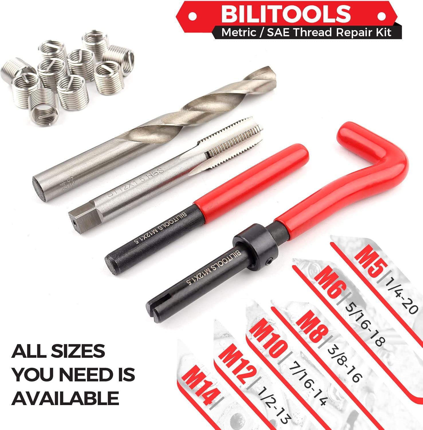 BILITOOLS Kit de reparación de roscas de 716-14 pulgadas, kit de reparación de helicoidales de taladro HSS SAE