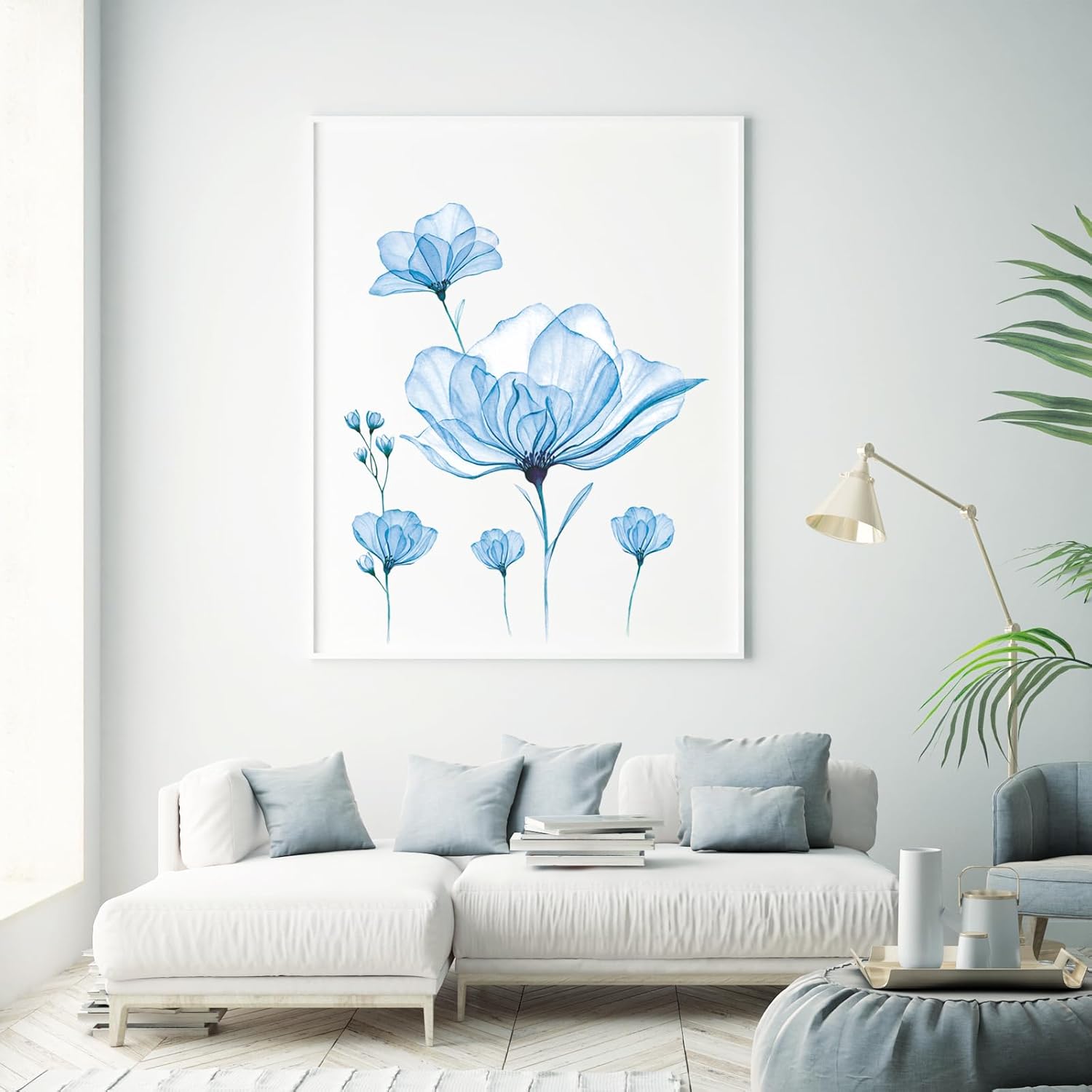 Tanlaby Blue Flower Wall Stickers, Large Lotus Floral Wall Decals, Romantic Blossom Wall Decor DIY Vinyl Mural Art for Bedroom Living Room Home Decor