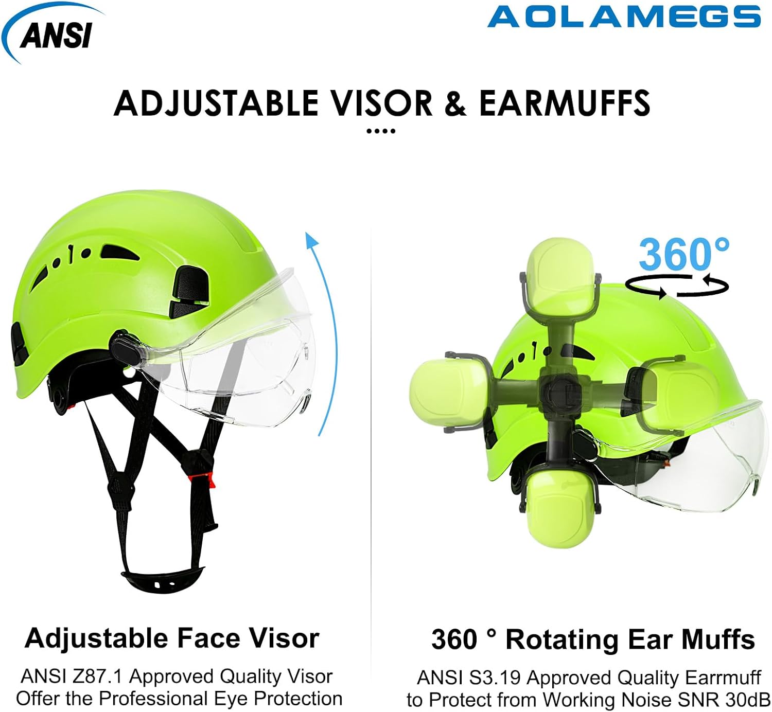AOLAMEGS Casco duro de construcción con visera y orejeras  Casco de seguridad aprobado por la OSHA, ANSI Z89.1 ABS con protección para los ojos y