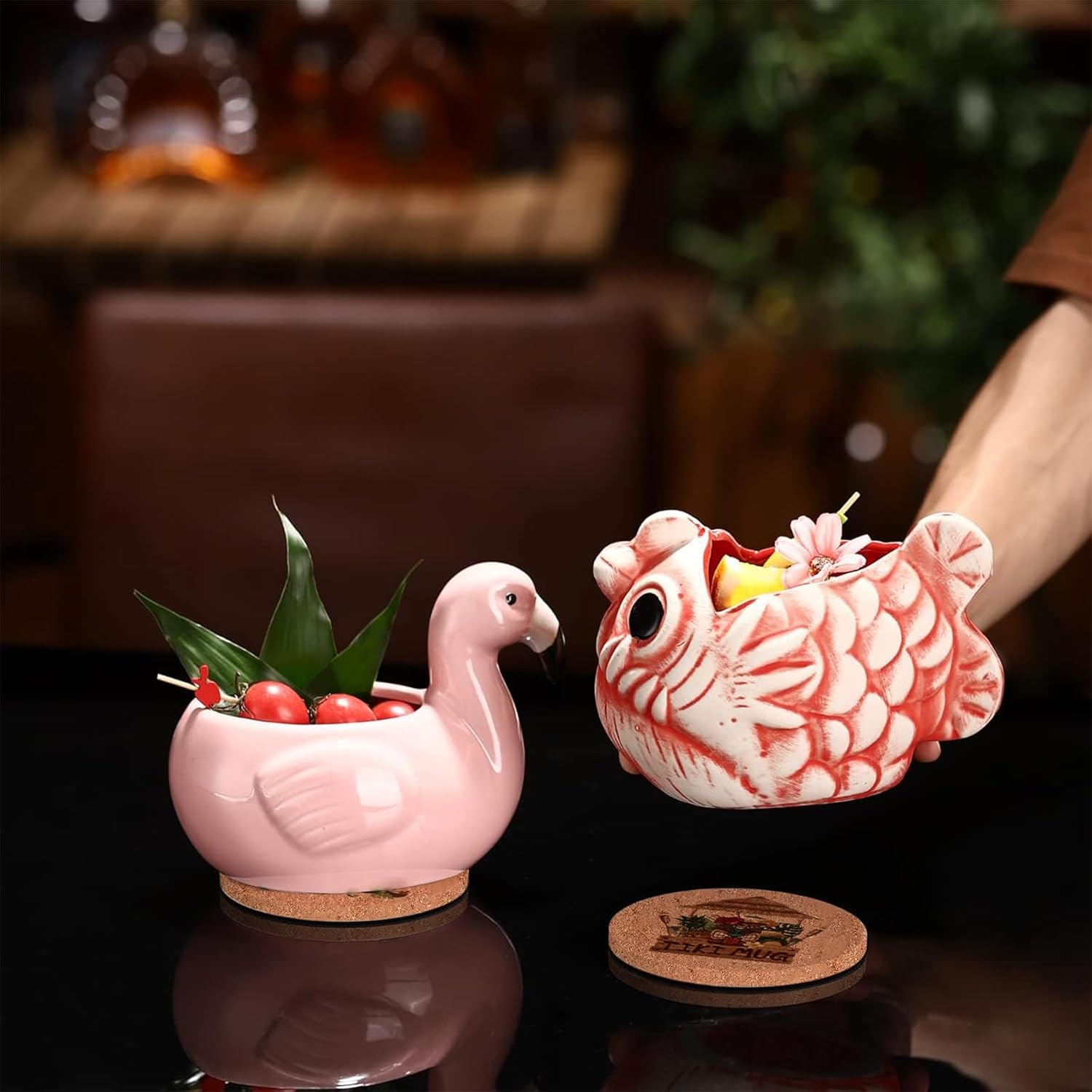 Juego de 4 tazas Tiki para cóctel y jugo, lindo juego de regalo de taza tiki de cerámica, copas de cóctel con forma de animal para fiesta hawaiana,