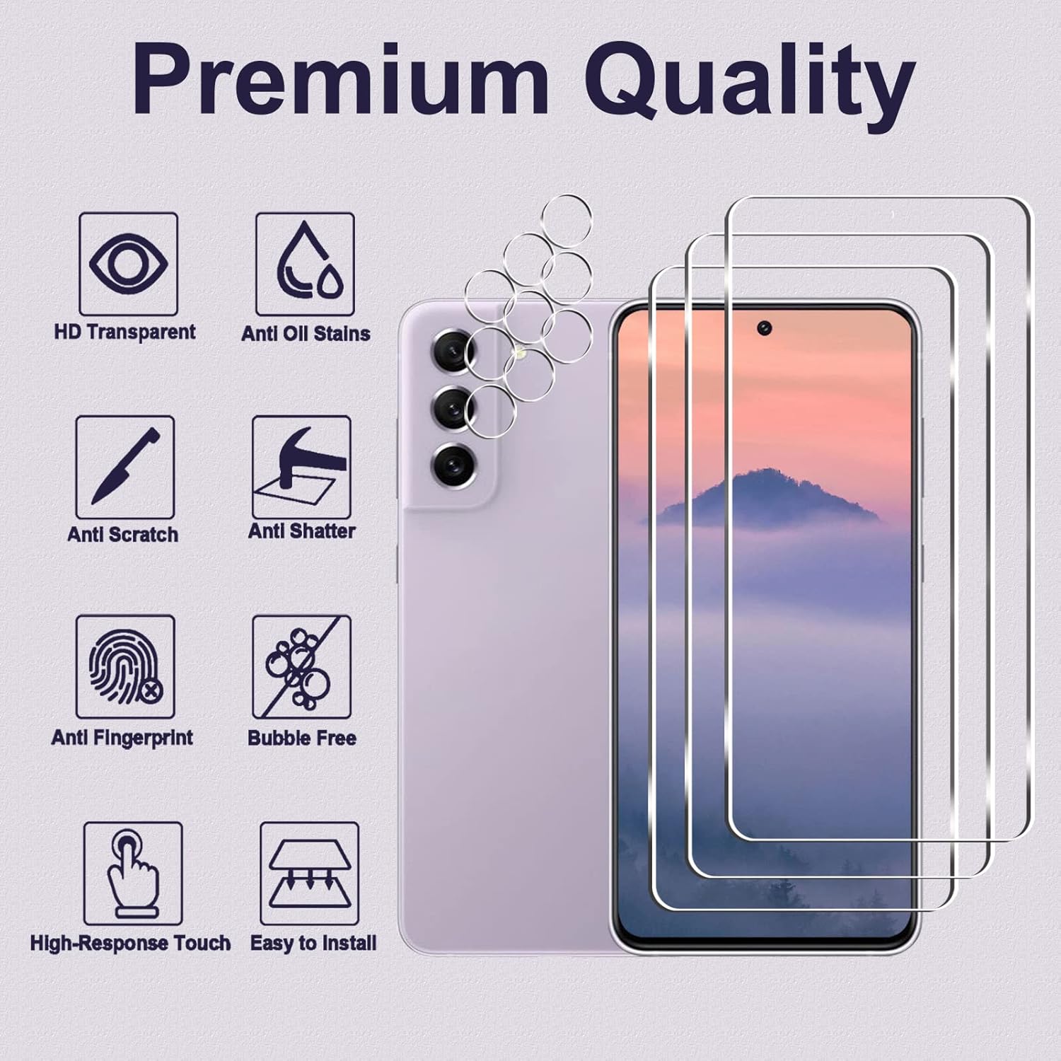 Paquete de 3 + 3 Protector de pantalla para Galaxy S21 FE 5G + protector de lente de cámara, película de vidrio templado HD, dureza 9H, resistente a