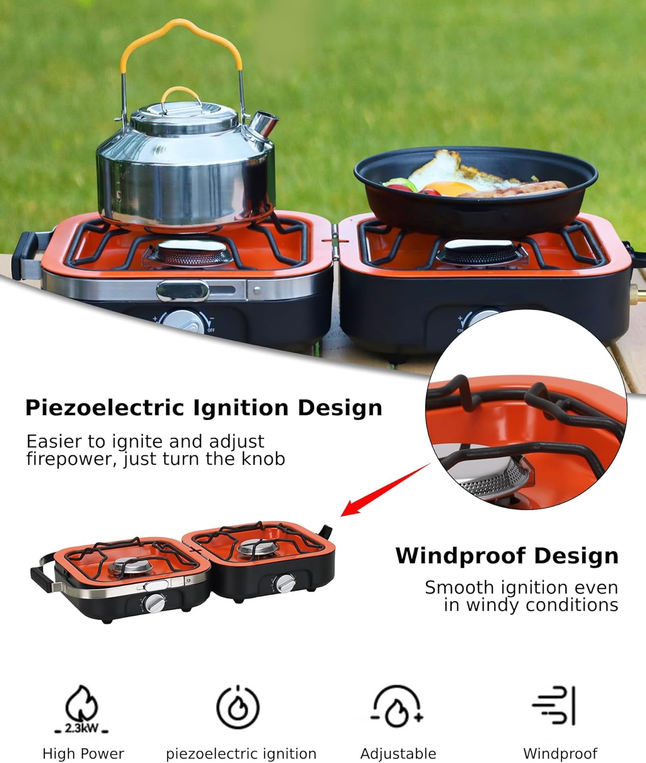 BakerStone Estufa de campamento de propano 2 quemadores ajustables con 20,000 BTU, estufa de campamento plegable portátil para exteriores, estufa de