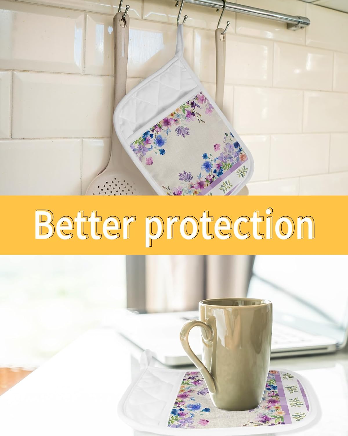 Watercolor Flower 5Pcs Pot Holders for Kitchen,Non Slip & Heat Insulation Terry Cloth Potholder Set with Pocket,Thick Hot Pad Oven Mitts Trivet