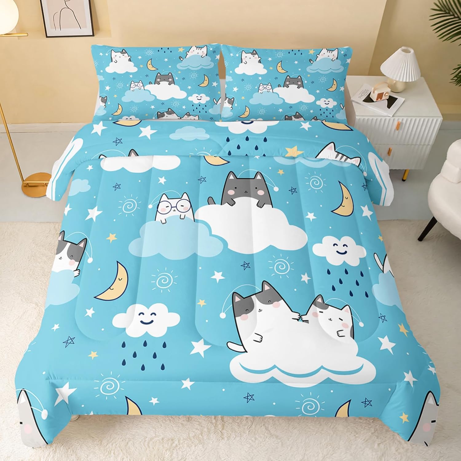 QOOMO Edredón de gato tamaño individual, juego de edredón de gatos de nube azul para niños, adolescentes, niñas, niños, juego de ropa de cama