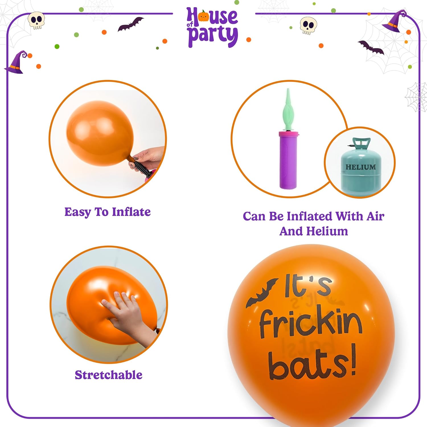 HOUSE OF PARTY Globo de aluminio de murciélago de 40 pulgadas de Halloween con 50 globos de látex de murciélago negro, naranja, morado, blanco para