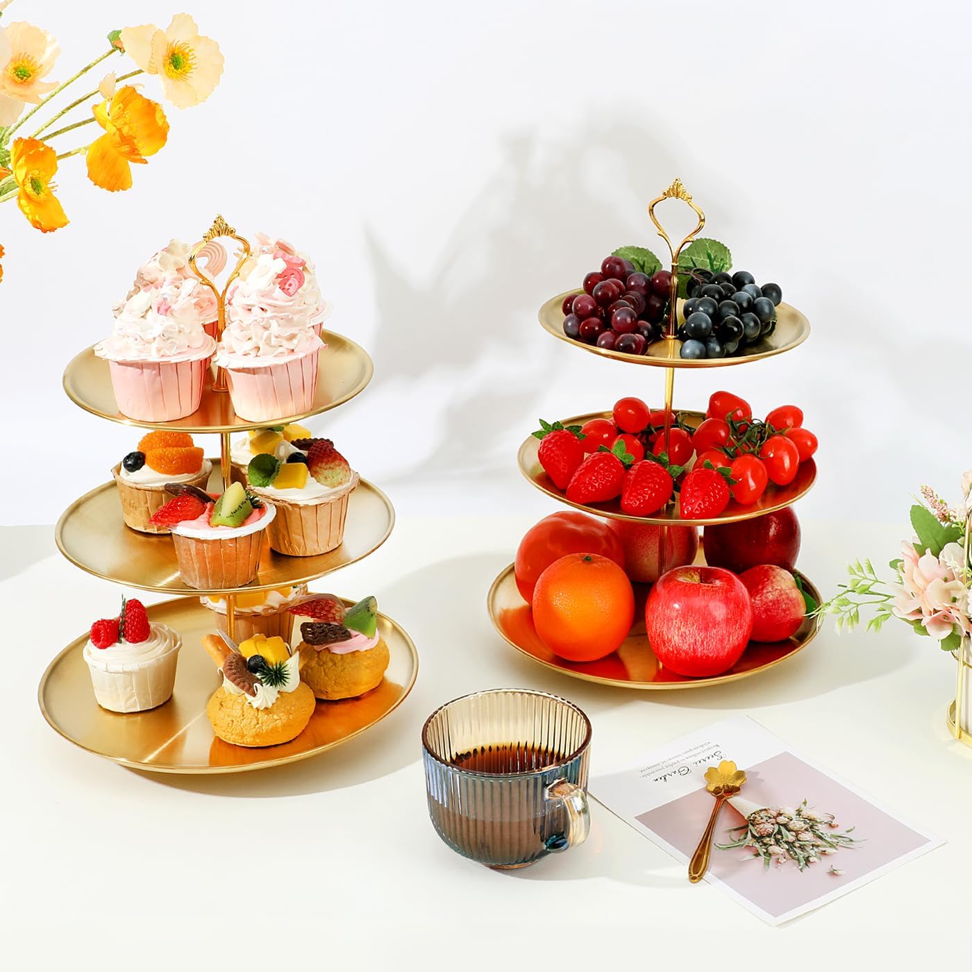 Juego de 6 soportes dorados para cupcakes, juego de exhibición de mesa de postres de acero inoxidable, 2 soportes para pasteles de 3 niveles, 2