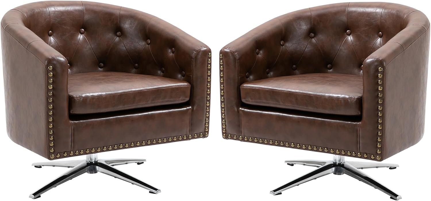 AVAWING Silla decorativa, silla de barril de piel sintética, sillón decorativo con acolchado suave y base de metal, silla moderna de mediados de