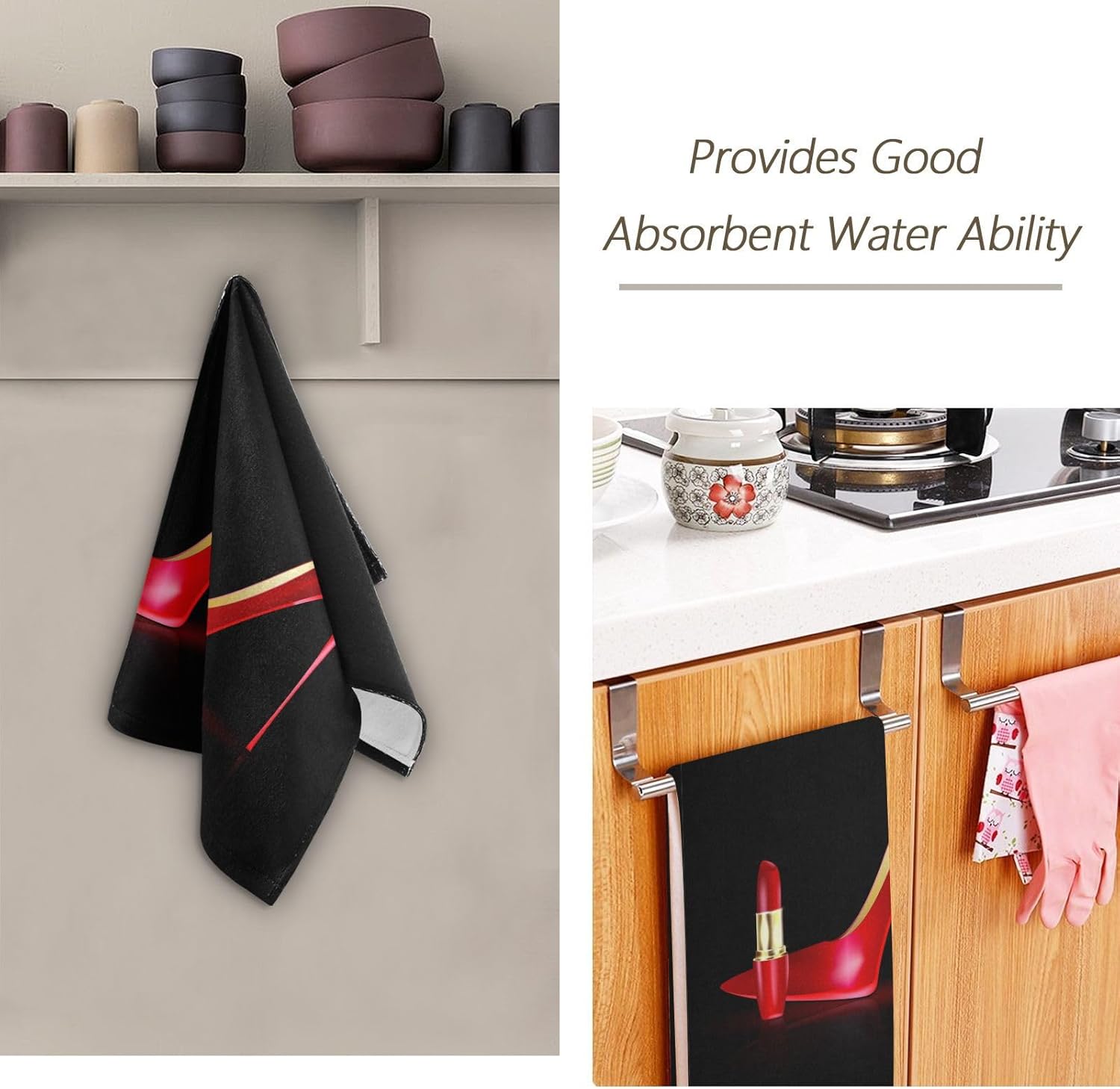 KENADVI Juego de 2 toallas de mano negras y rojas para baño, cocina, con tacones altos, lápiz labial, moderno, a la moda, suaves y absorbentes,