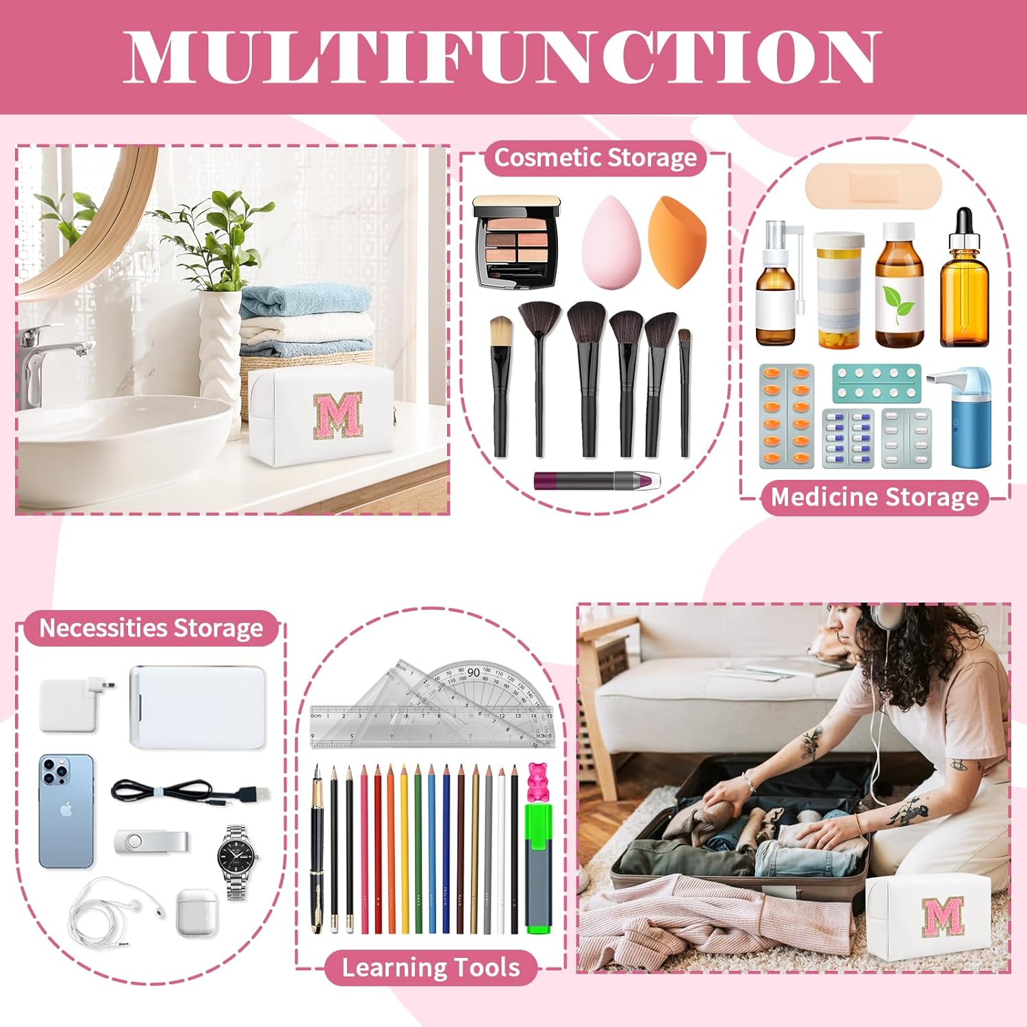 Bolsa de maquillaje personalizada con inicial A-Z, pequeña bolsa de cosméticos de viaje de piel sintética con cremallera, bonita bolsa de aseo