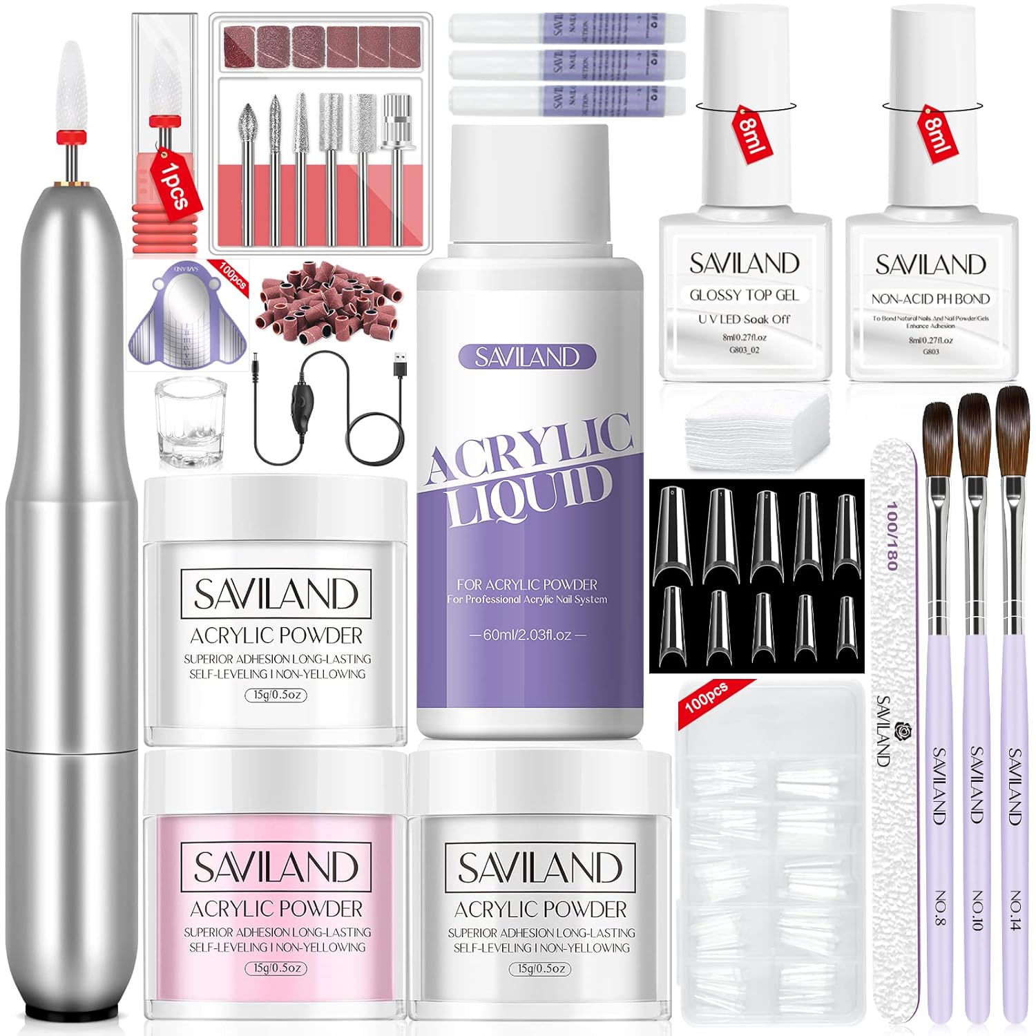 Saviland Kit de uñas acrílicas con taladro y pegamento para uñas, 3 colores de polvo acrílico y líquido, juego de pinceles de uñas acrílicas, juego