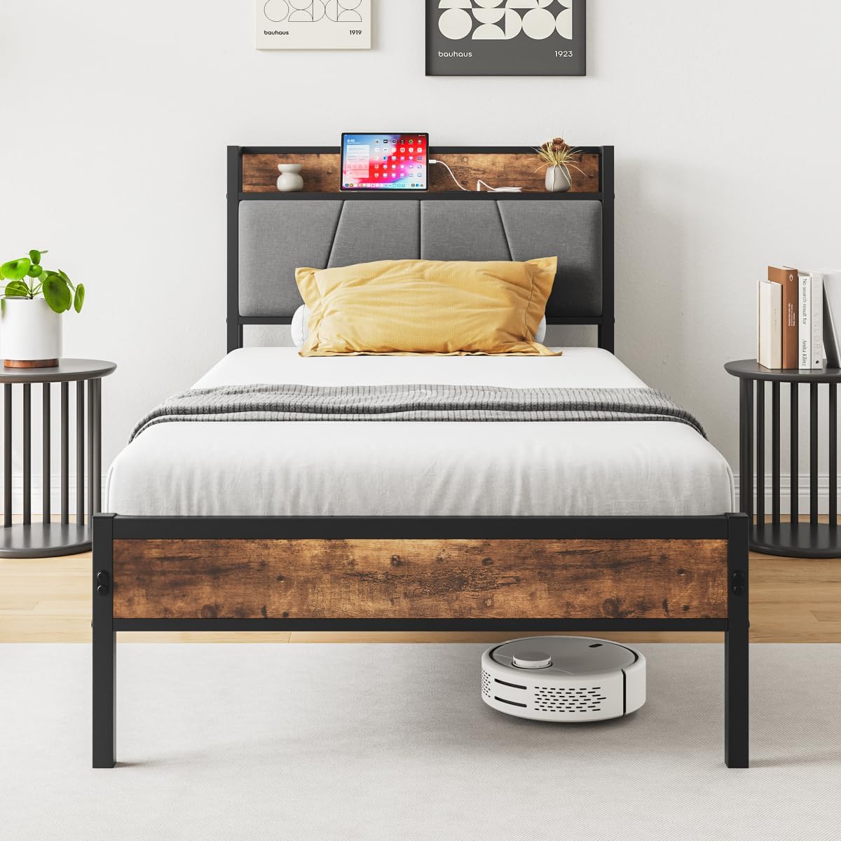 Base de cama de metal resistente tamaño individual con cabecera de almacenamiento tapizada y estación de carga, no necesita somier, fácil montaje,