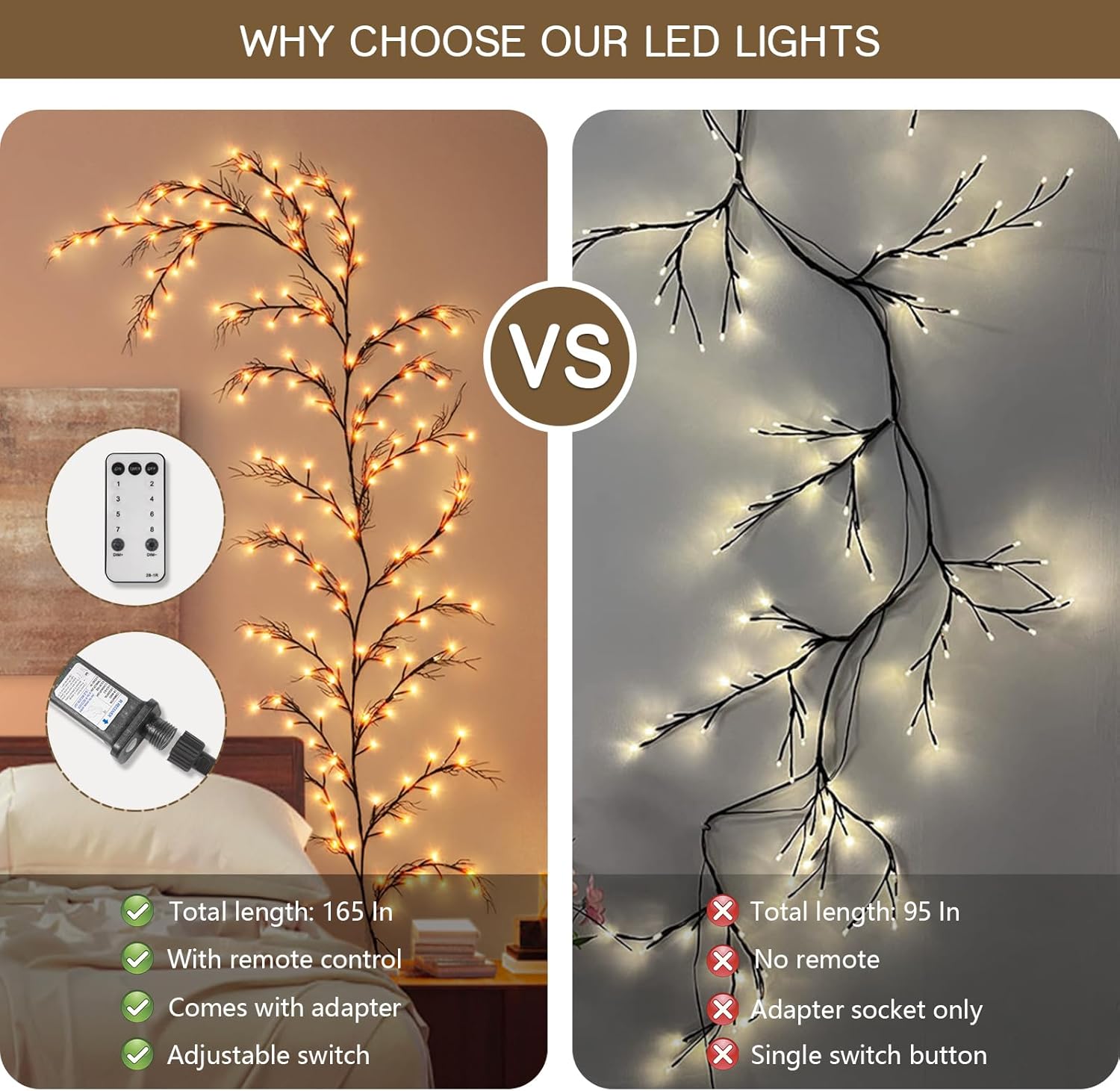 160 luces LED enchufables para decoración de habitación con control remoto, 8 modos y temporizador, luces artificiales de sauce de árbol para