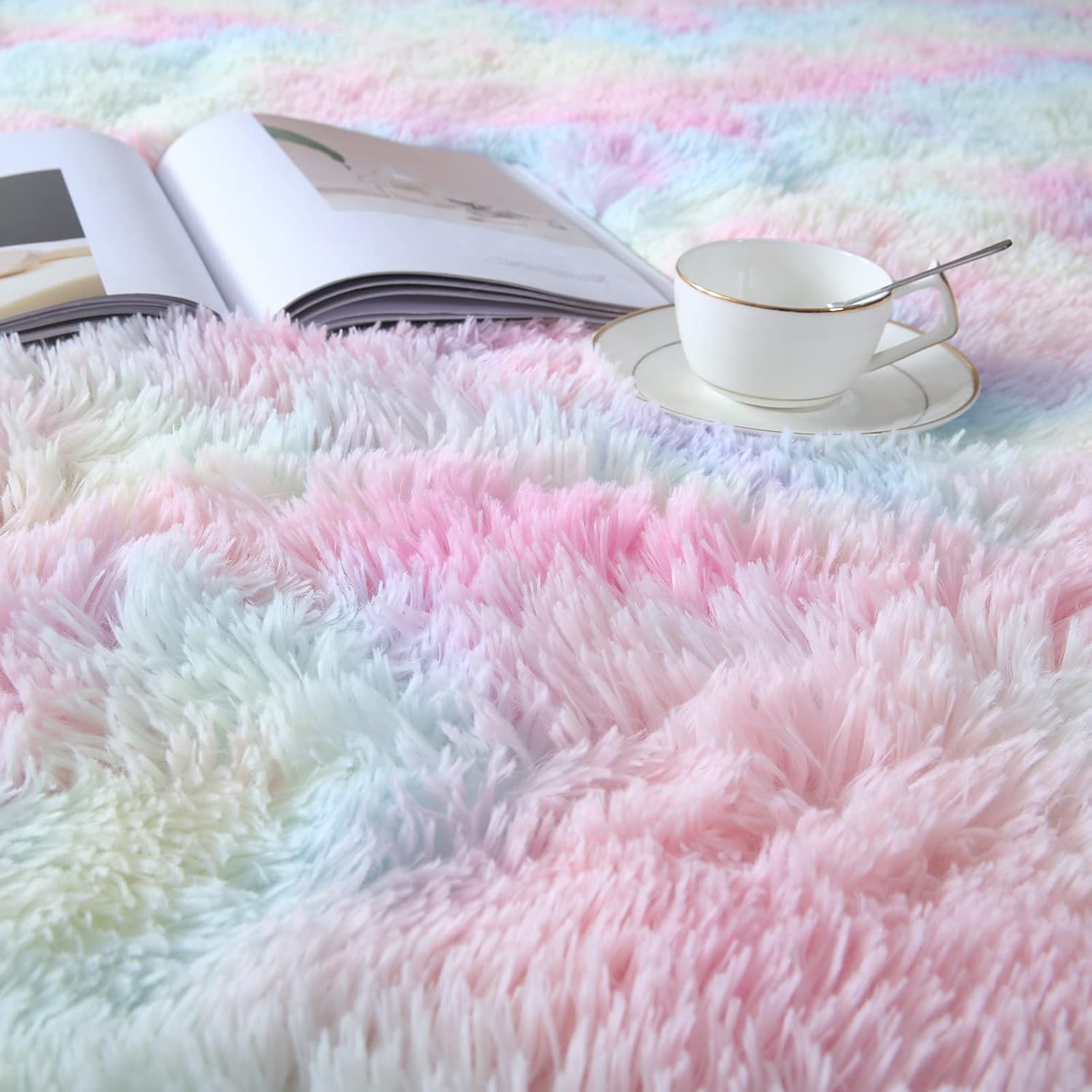 Alfombras esponjosas de arco iris para dormitorio de niñas, sala de estar, alfombra peluda de felpa pastel para habitación de niños de 4 x 6 pies,