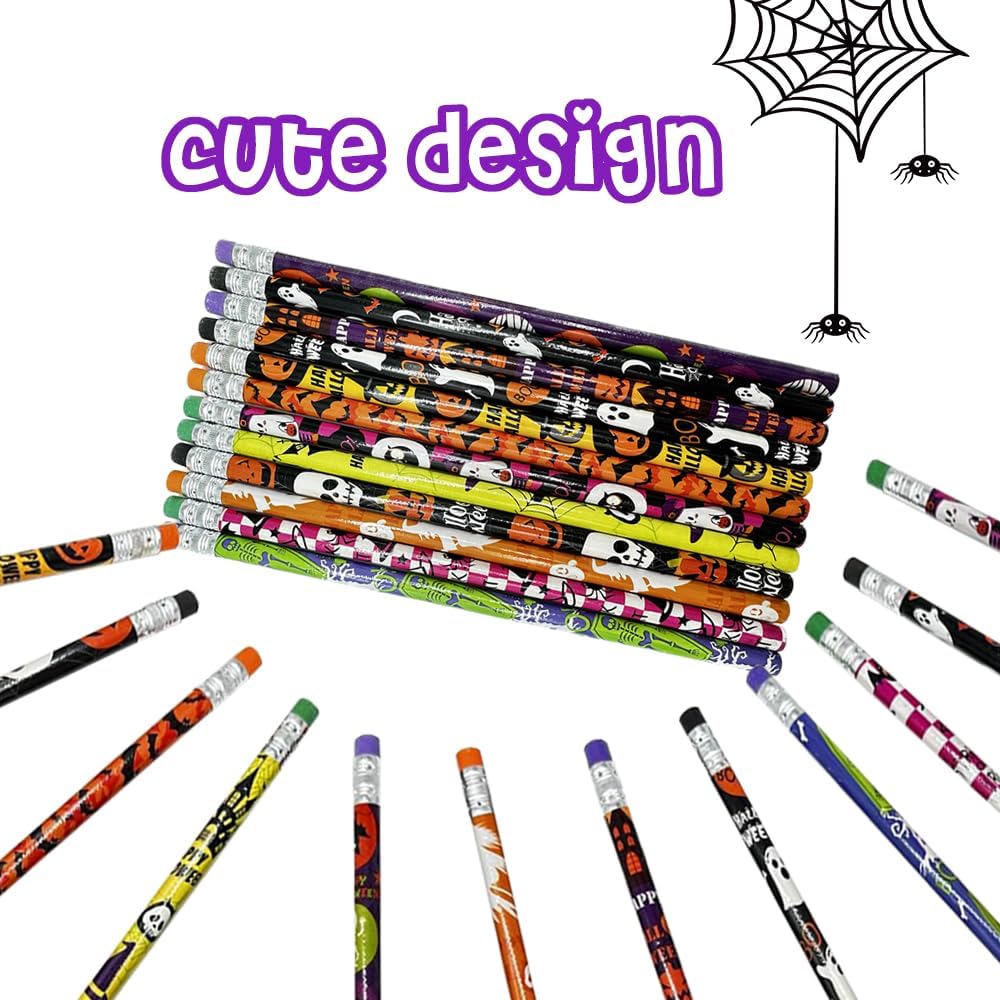 60 lápices de Halloween a granel surtidos coloridos con temática de Halloween, fantasma, calabaza, esqueleto, murciélago, araña, lápices de madera