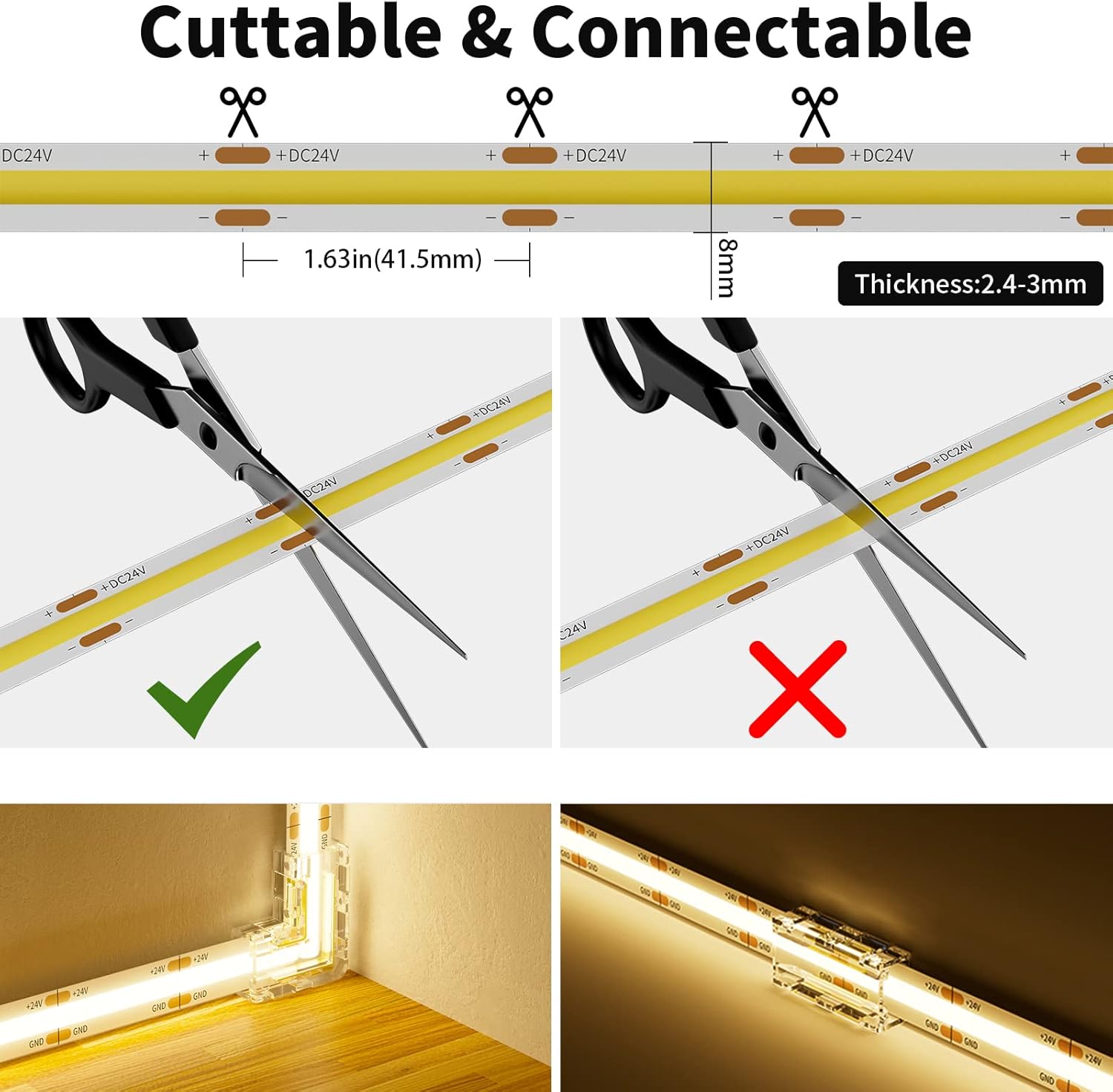 PAUTIX COB Tira de luces LED de 40 pies40.0 ft súper brillante, 504 LEDsm blanco cálido 3000K CRI90+ cinta LED flexible de 24 V para gabinetes de