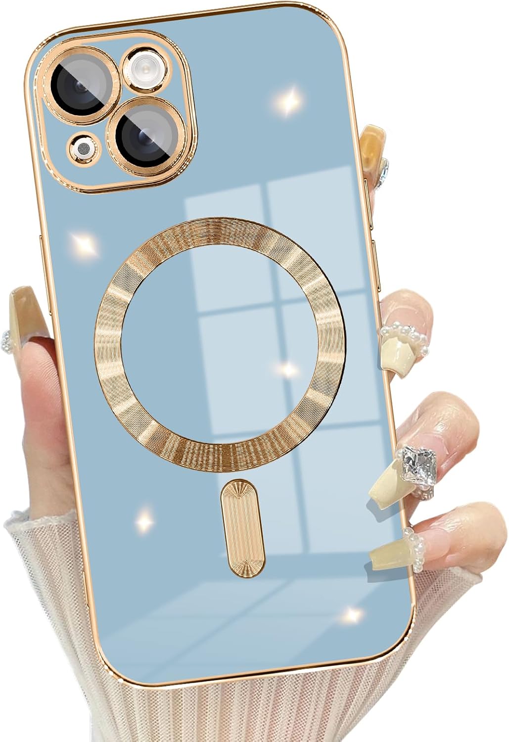 Funda azul para iPhone 15 compatible con Magsafe protector de lente de cámara integrado borde chapado suave a prueba de golpes magnético para iPhone